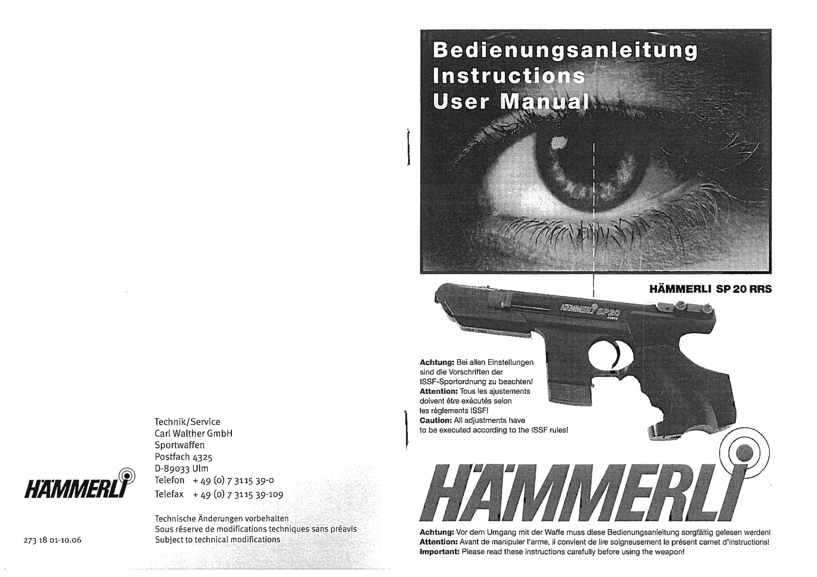 Walther Hammerli SP20 RRS Instruction Manual