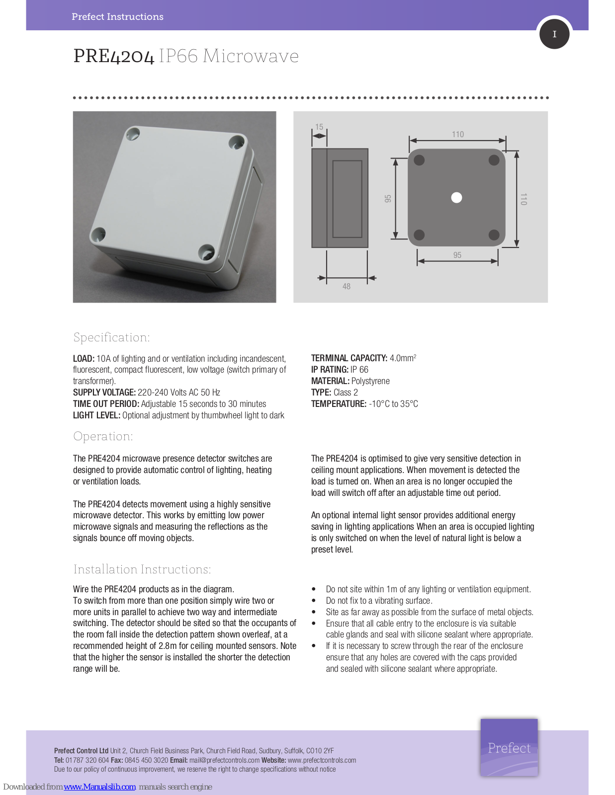 Prefect Control PRE4204 Installation Instructions Manual