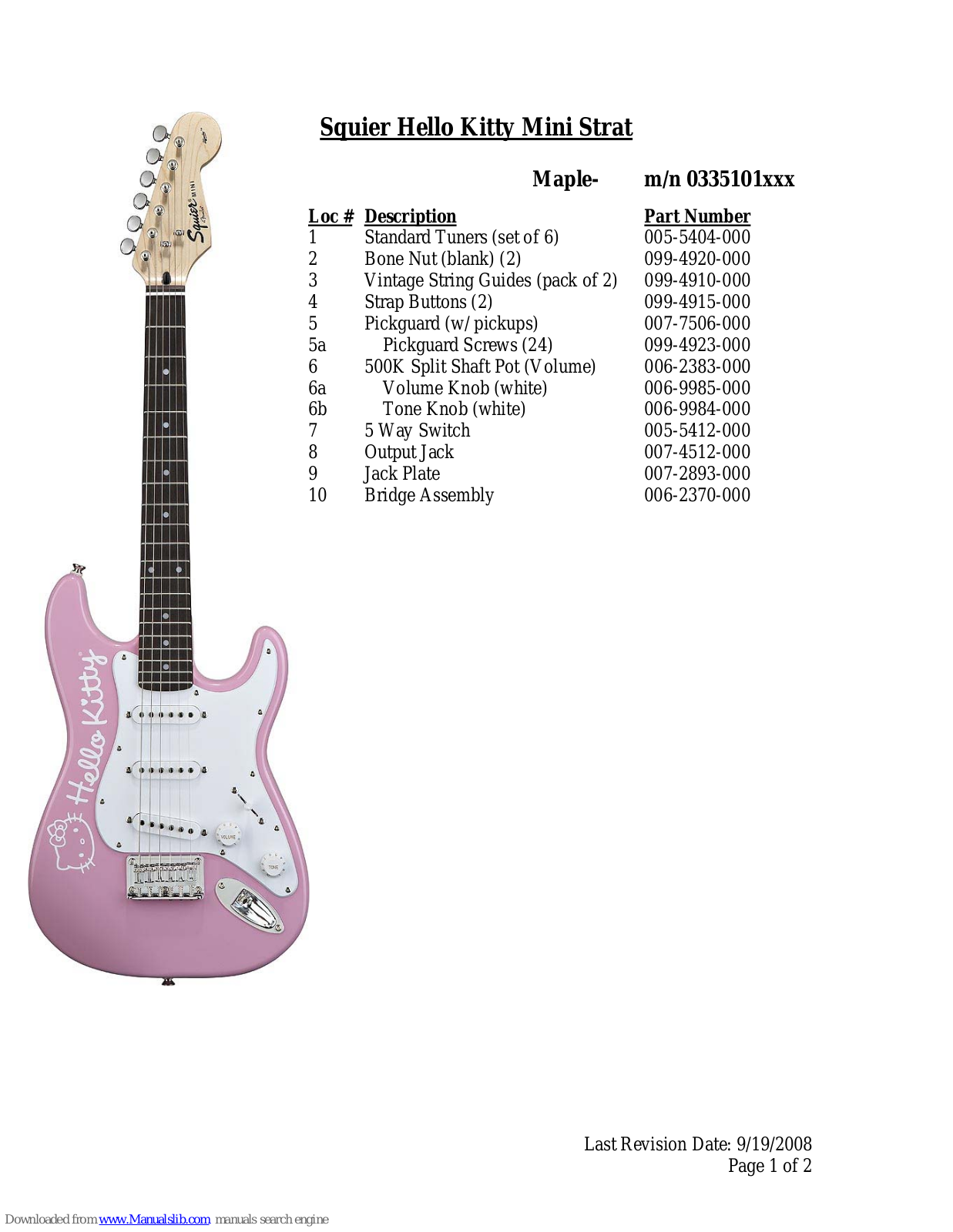 Squier Hello Kitty Mini Strat Specifications - ManualMachine.com