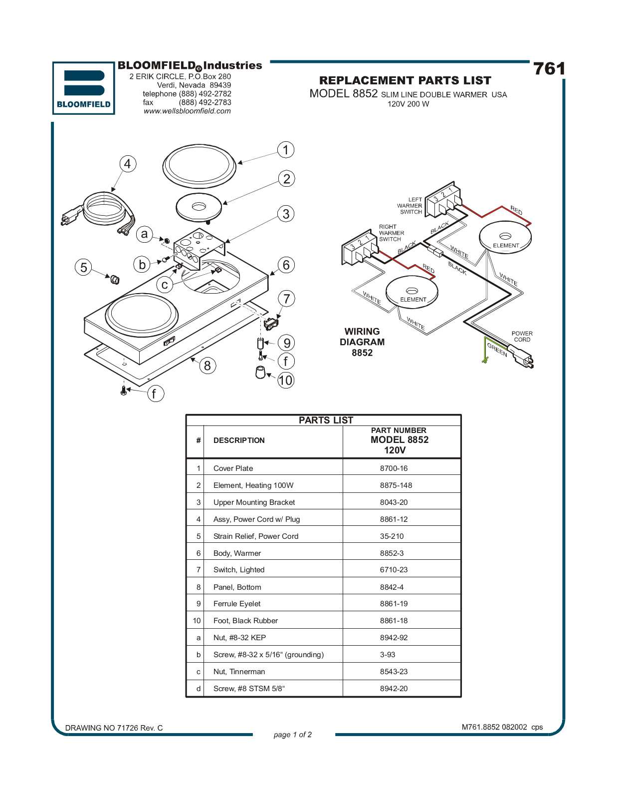 Bloomfield 8852 Part Manual