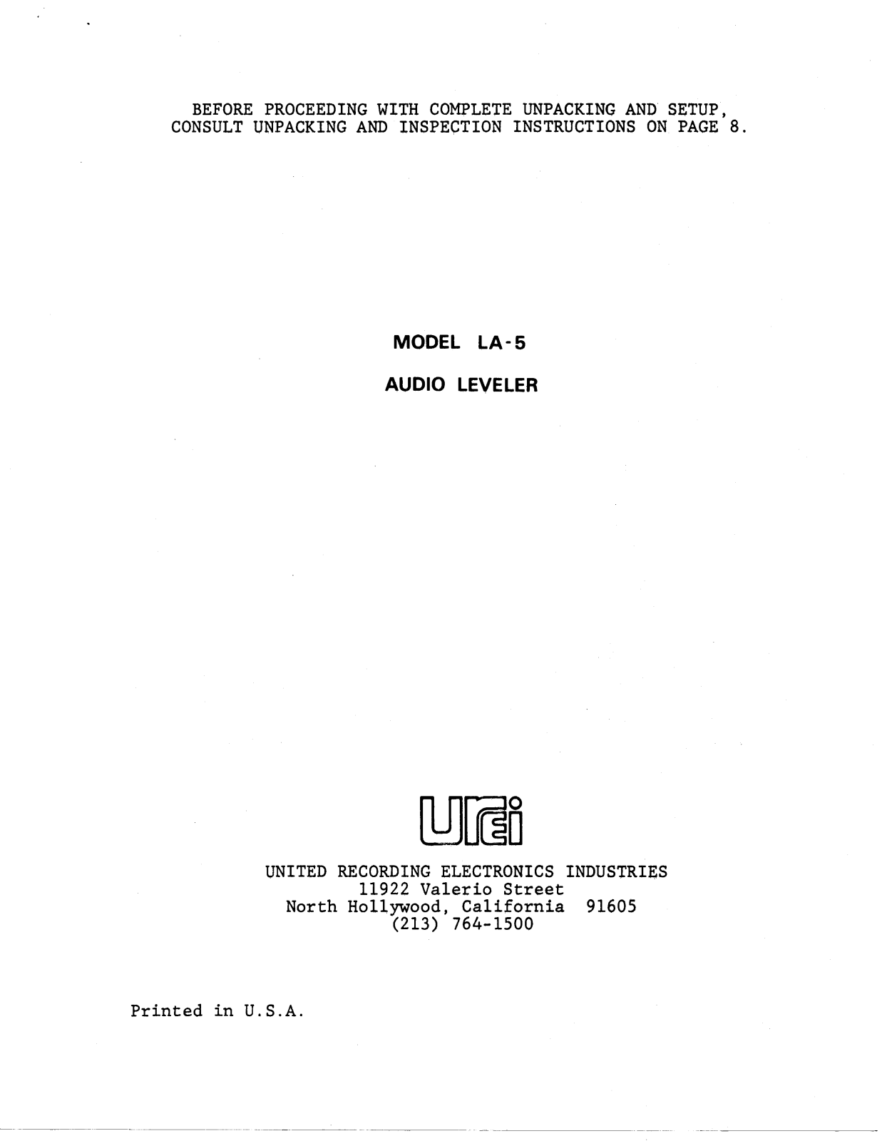 JBL UREI LA-5 User Manual