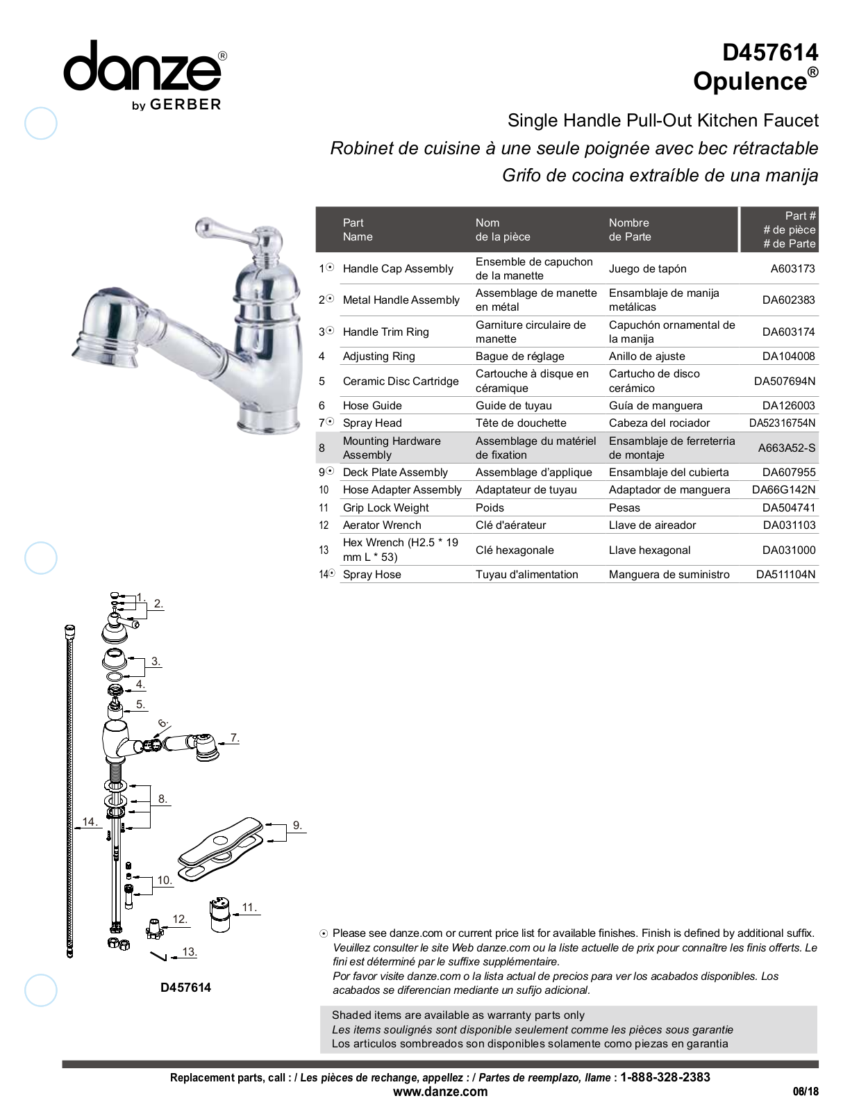 Gerber D457614SS, D457614BS, D457614, D457614BR Part List