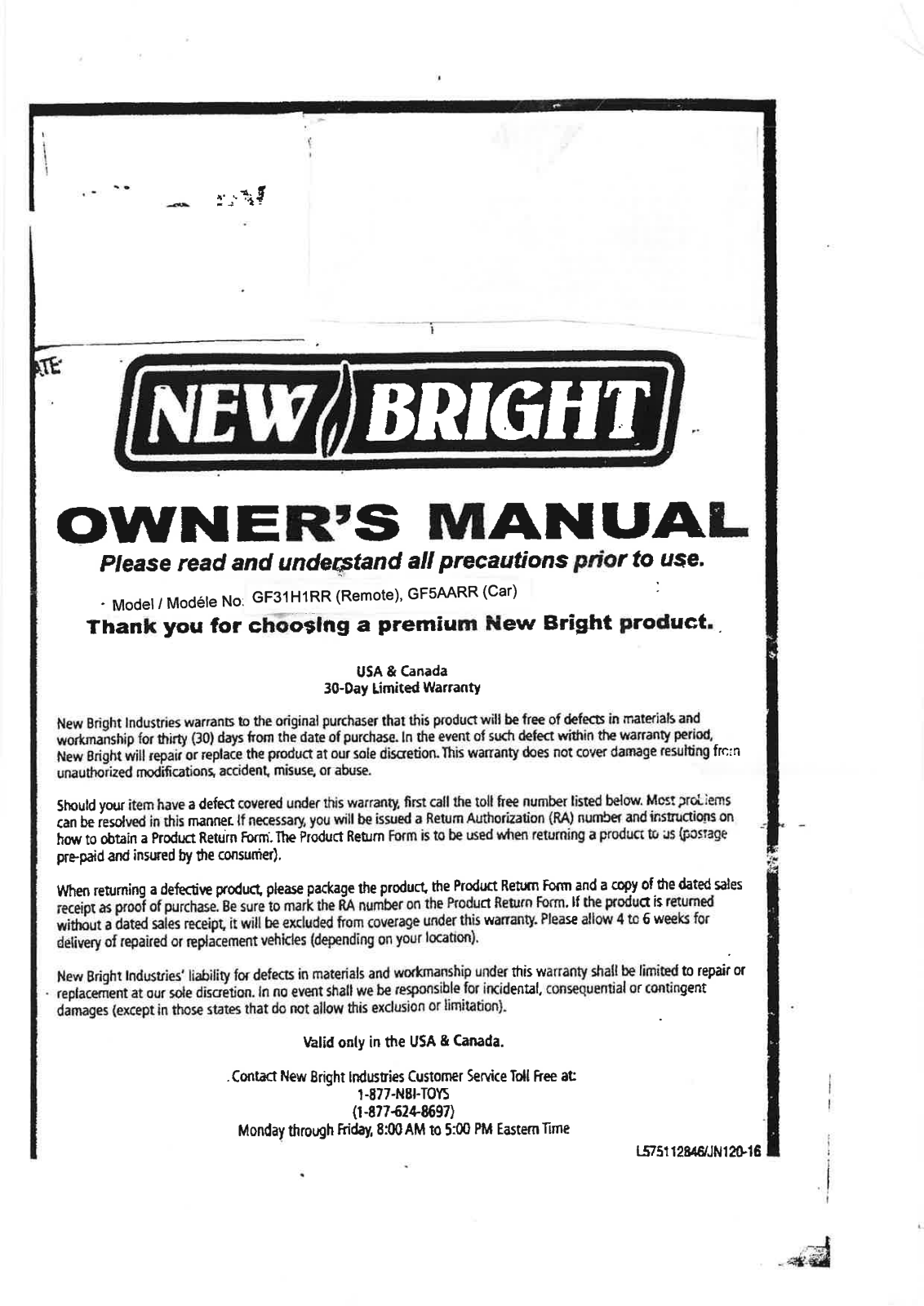 New Bright Co GF5AARR User Manual