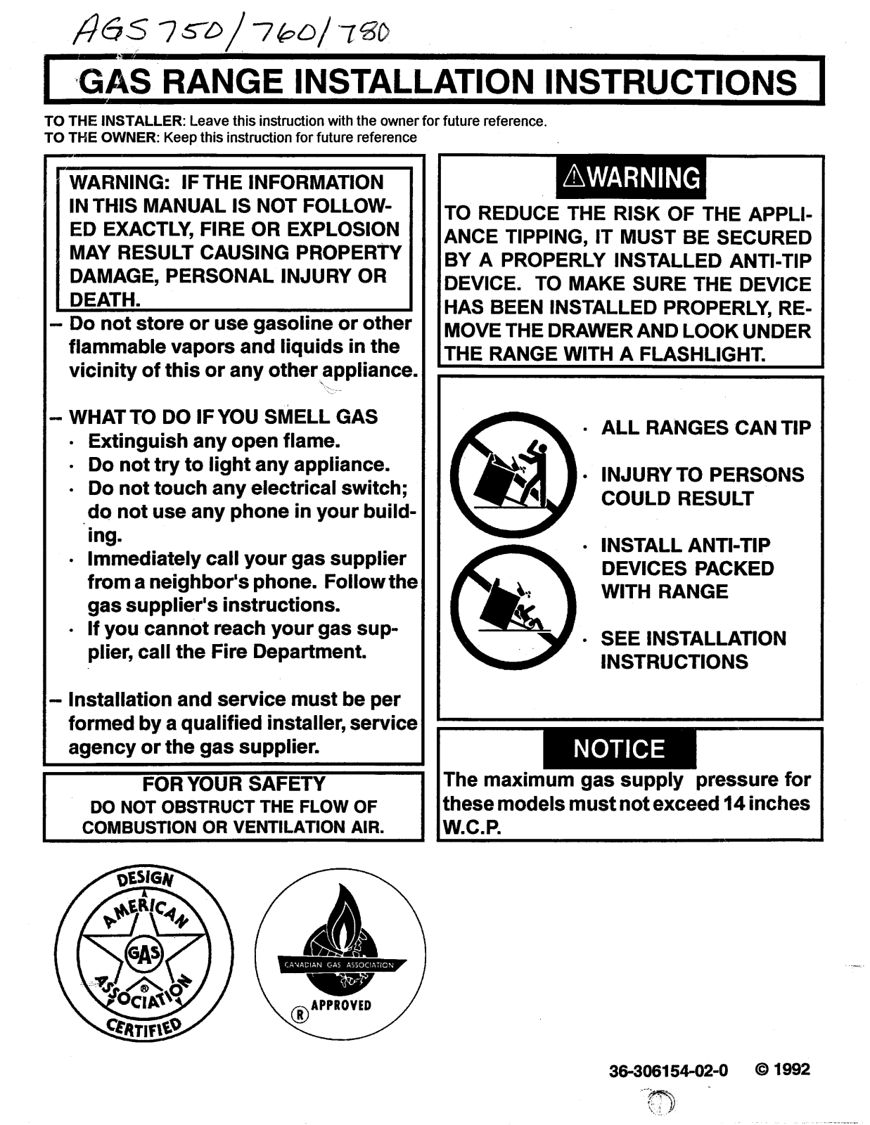 Amana AGS750W, AGS750L, AGS760L, AGS780E, AGS760W Installation Instructions