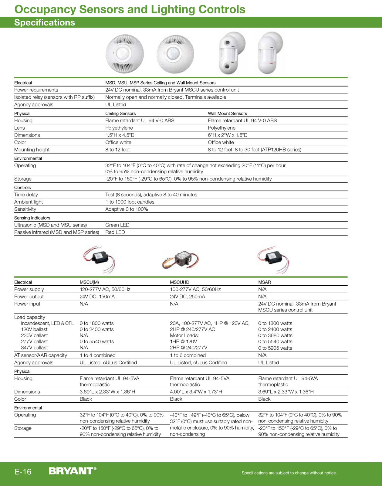 Bryant Electric occupancy sensors, lighting controls Specifications