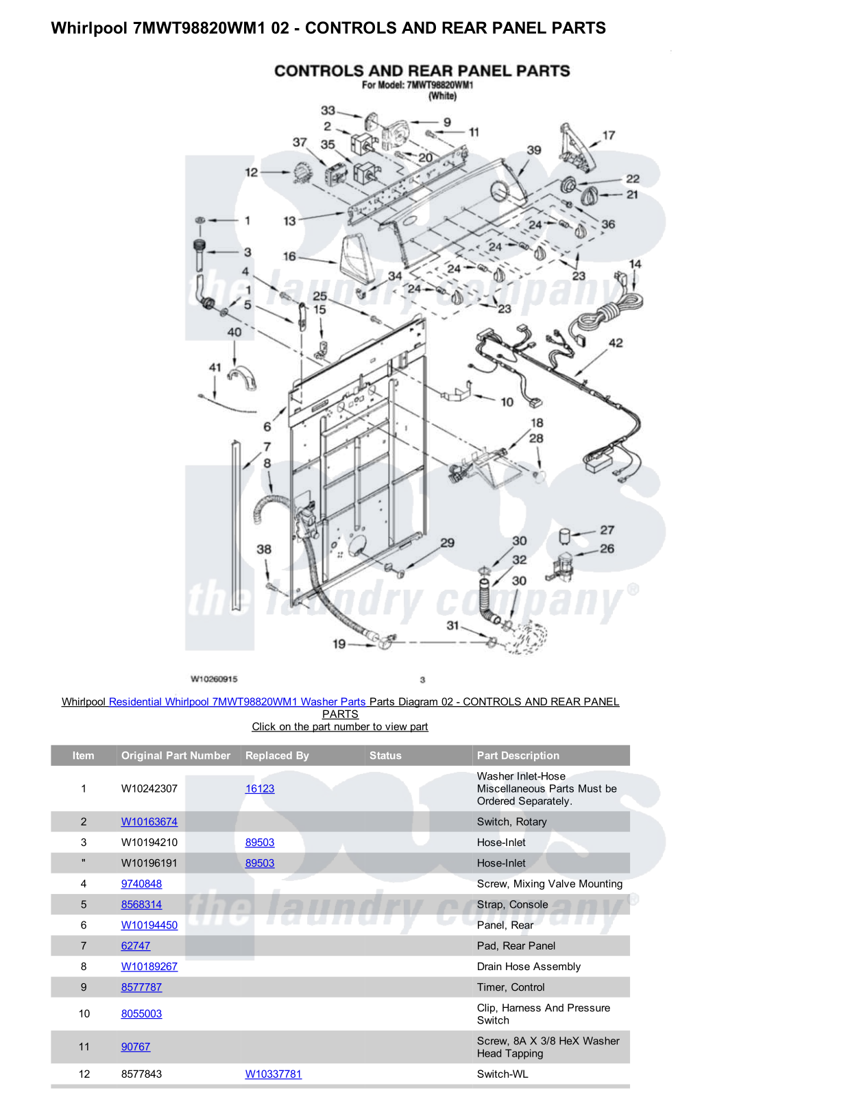 Whirlpool 7MWT98820WM1 Parts Diagram