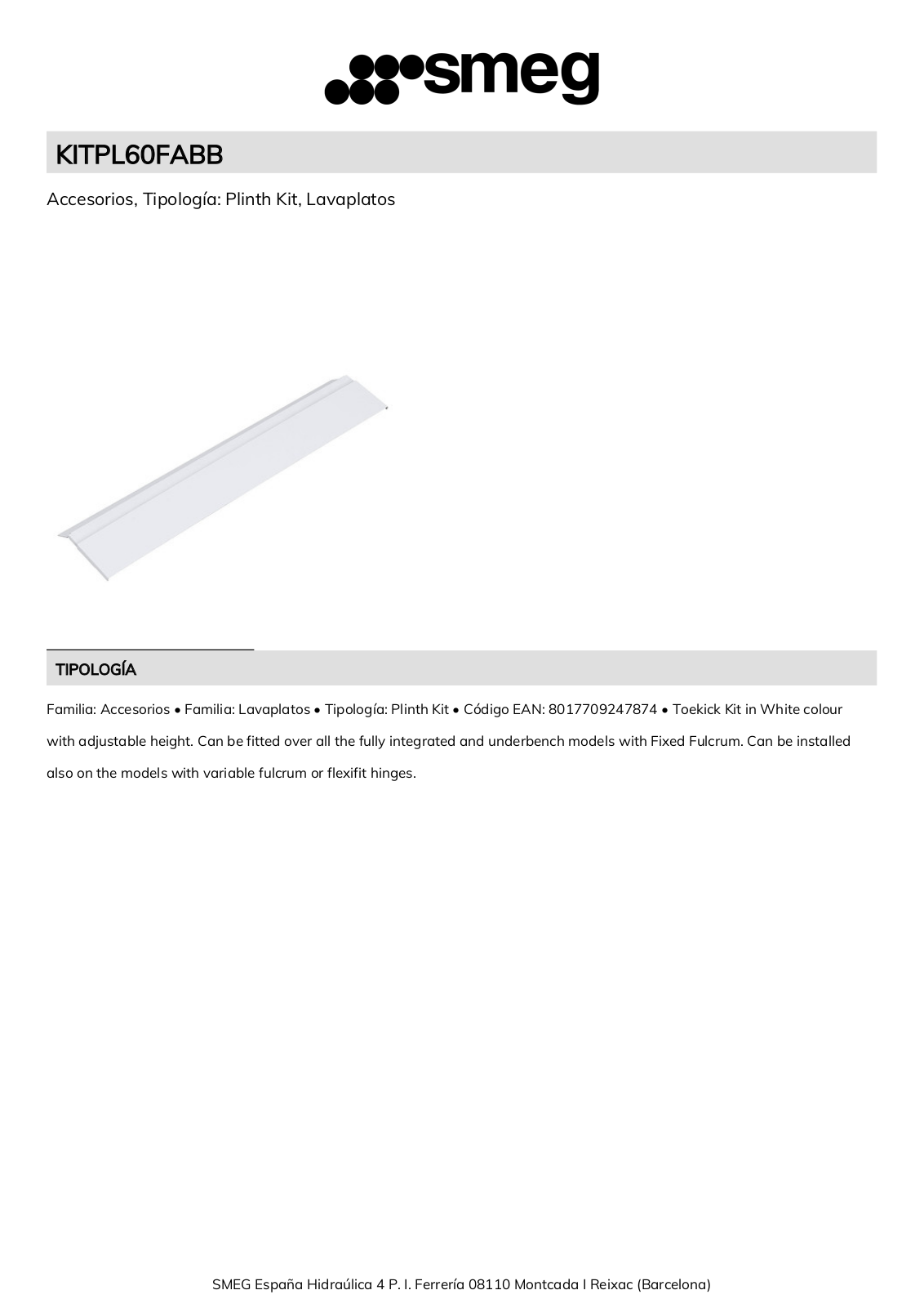 Smeg KITPL60FABB Product Information Sheet