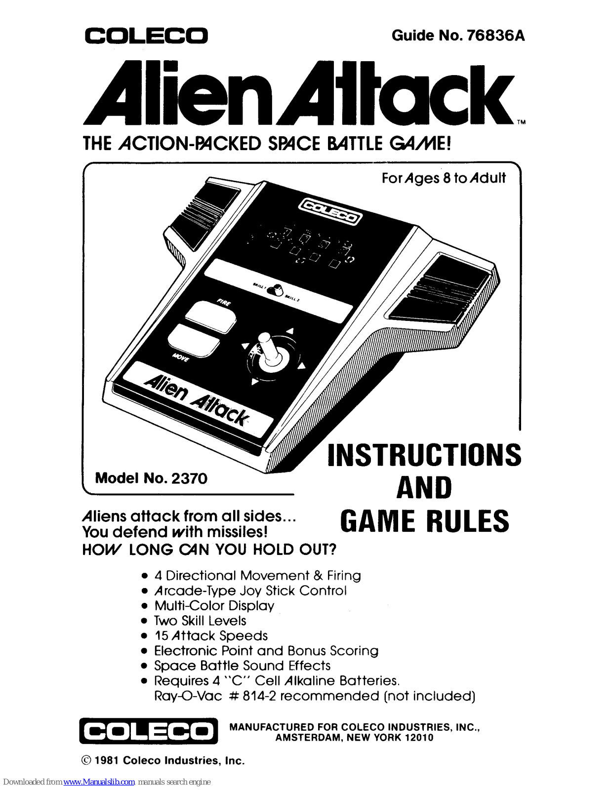 Coleco 2370, 2370 Alien Attack Instructions Manual