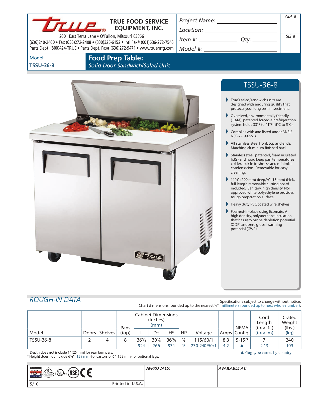 True TSSU-36-8 Specifications