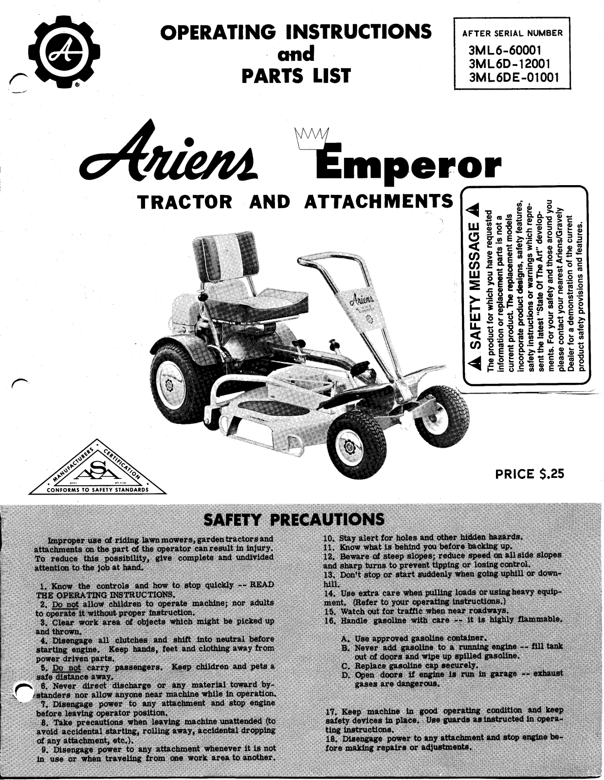 Ariens 3ML6D-12001, 3ML6DE-01001, 3ML6-60001 User Manual