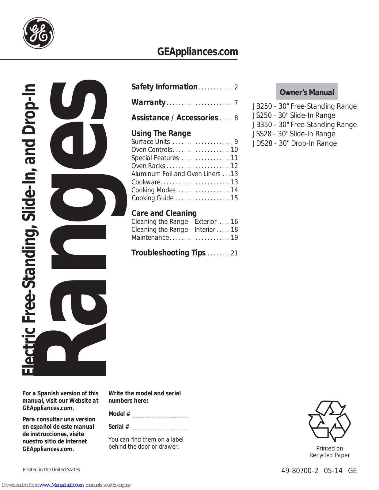 GE JB250, JDS28, JB350, JS250, JSS28 Owner's Manual