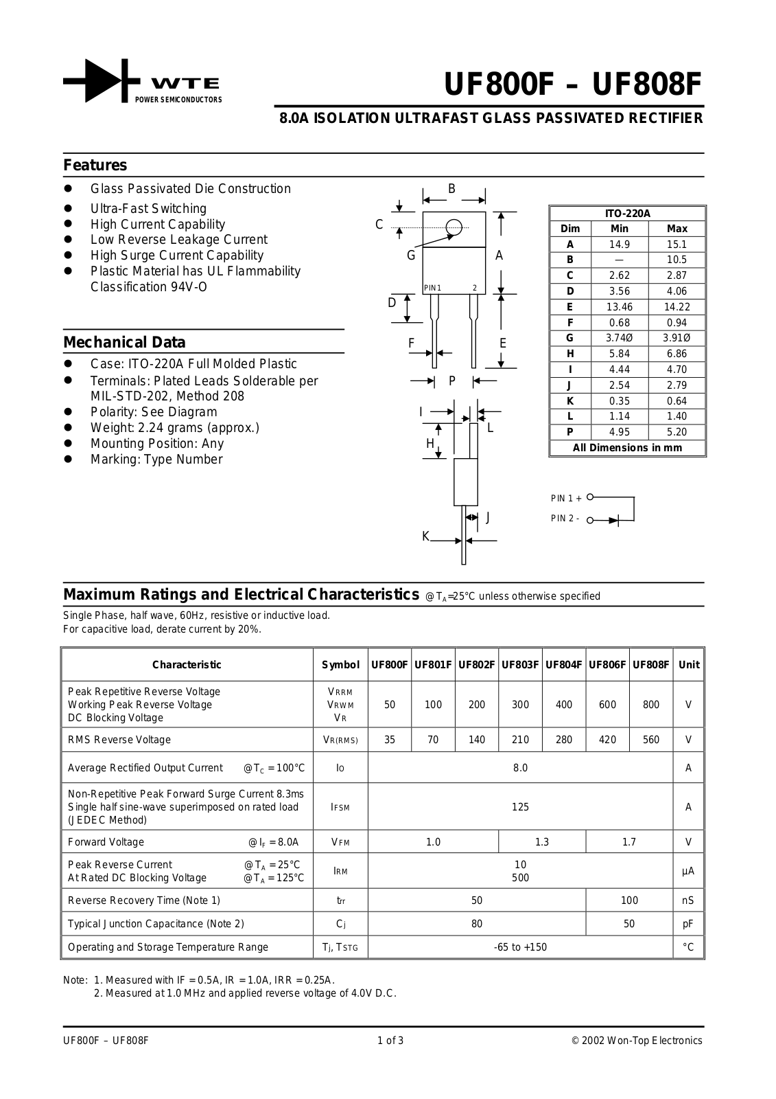 WTE UF808F, UF806F, UF802F, UF804F, UF803F Datasheet