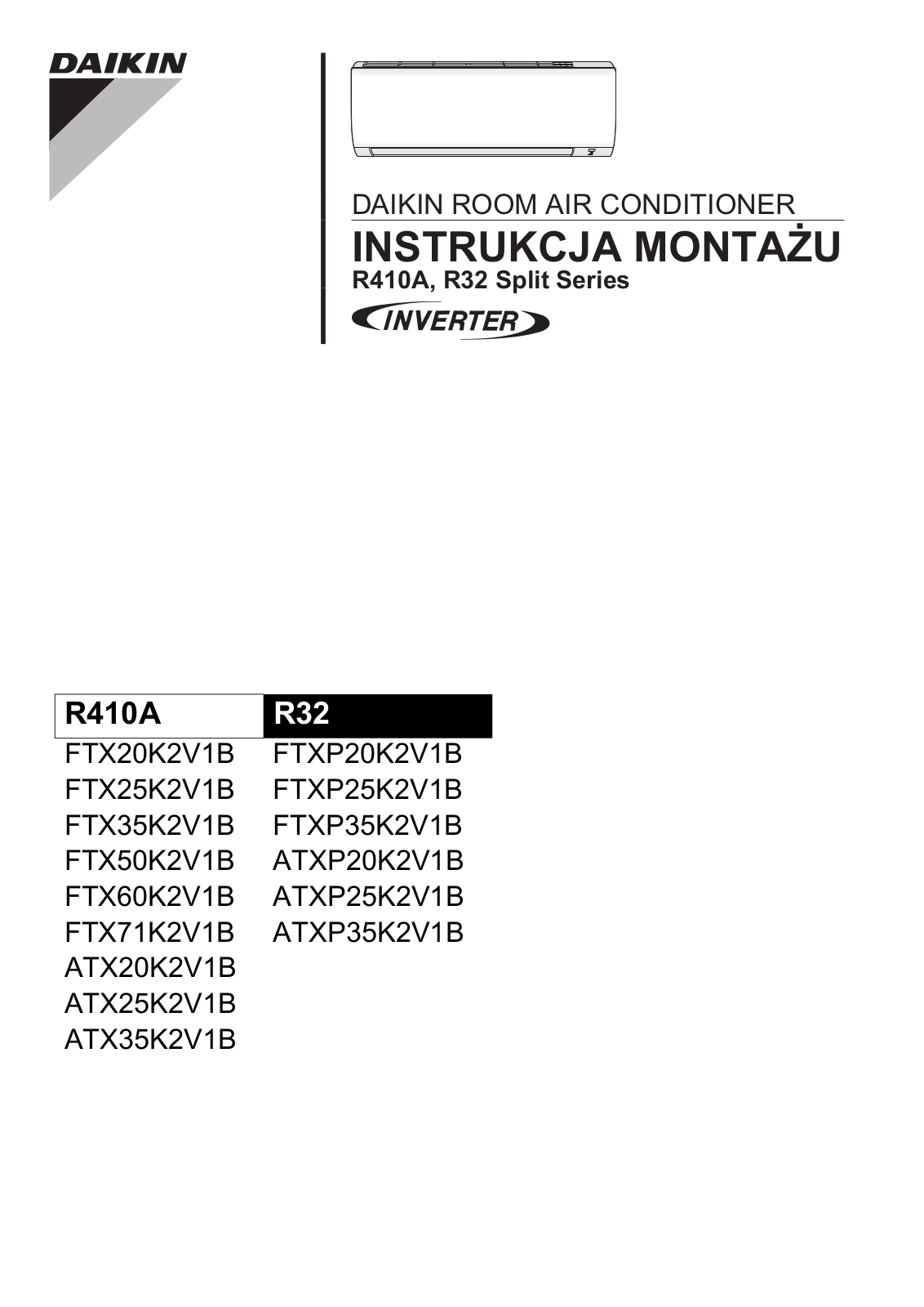 Daikin FTX20K2V1B, FTXP20K2V1B, FTX25K2V1B, FTXP25K2V1B, FTX35K2V1B Installation manuals