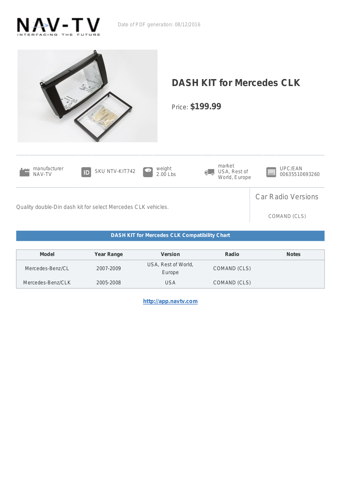 NAV-TV DASH KIT for Mercedes CLK Specification Sheet