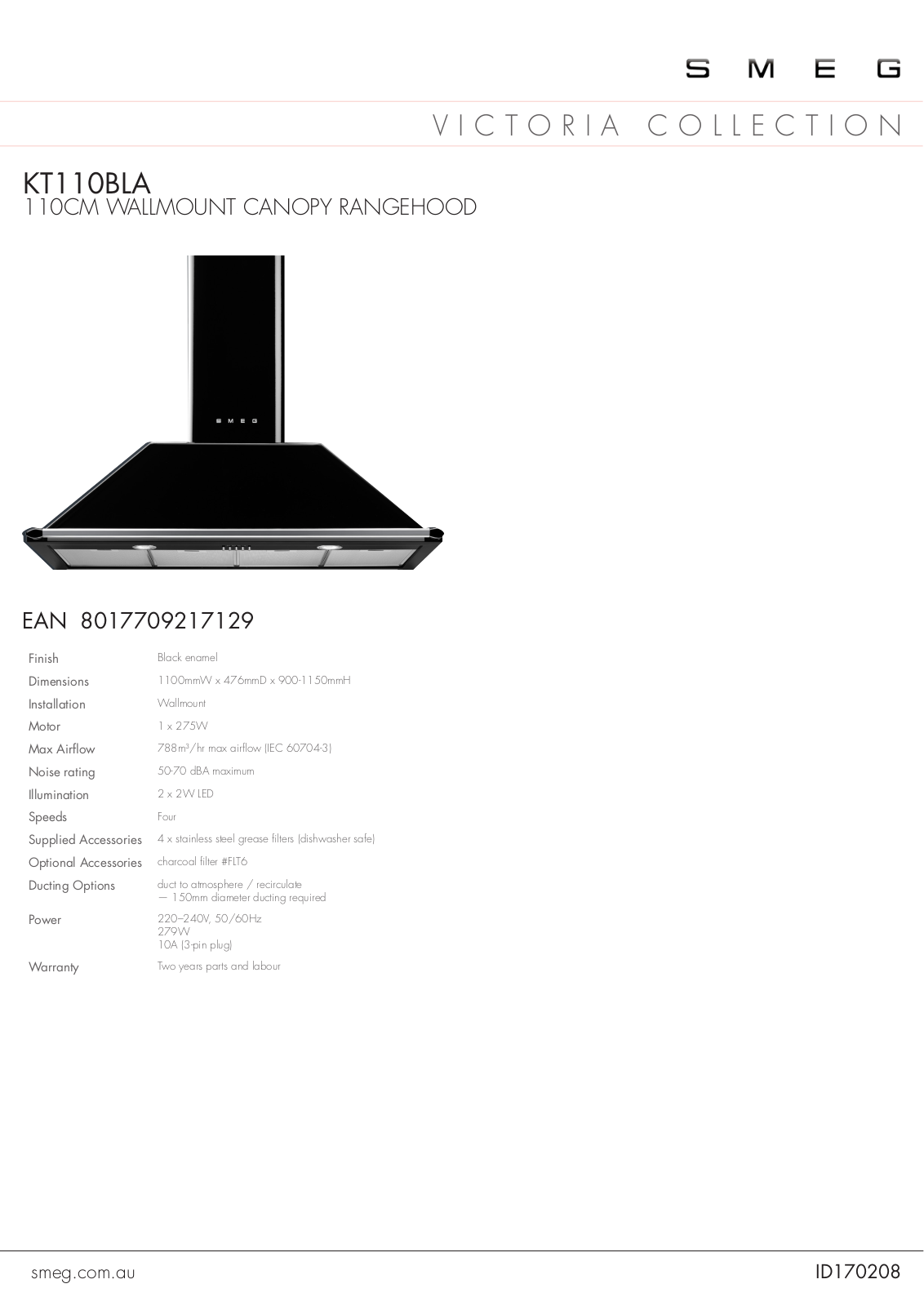 Smeg KT110BLA Specifications Sheet