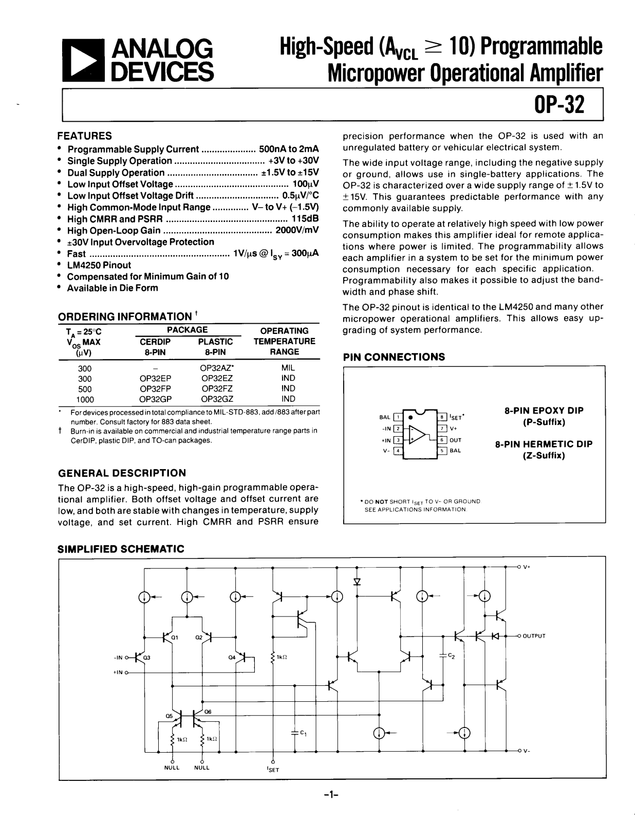 Analog Devices OP32GZ, OP32AZ, OP32FP, OP32FZ, OP32EZ Datasheet