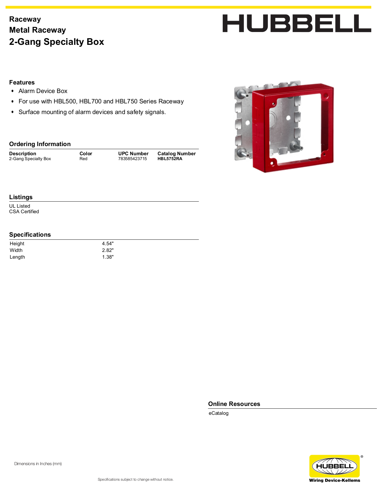 Hubbell HBL5752RA Specifications