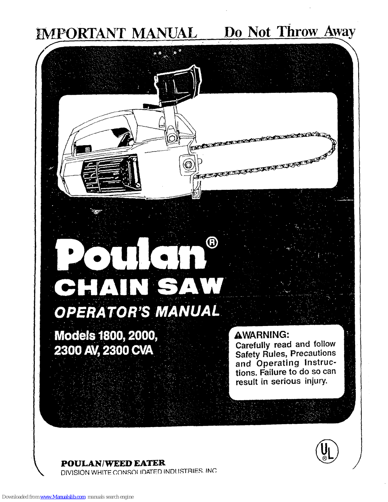 Poulan Pro 2300 CVA, 1800, 2000, 358352360 Operator's Manual - ManualMachine.com
