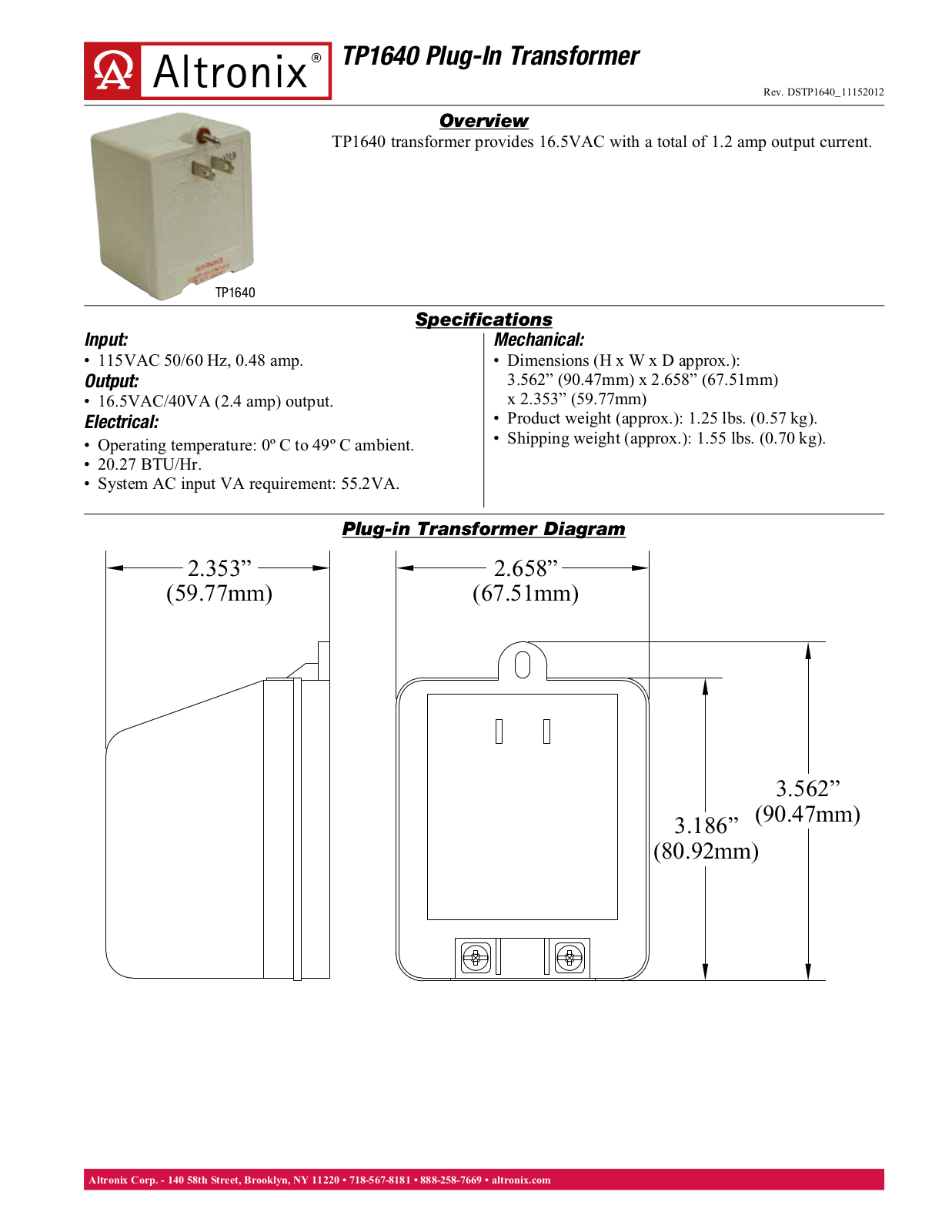 Altronix TP1640 Specsheet