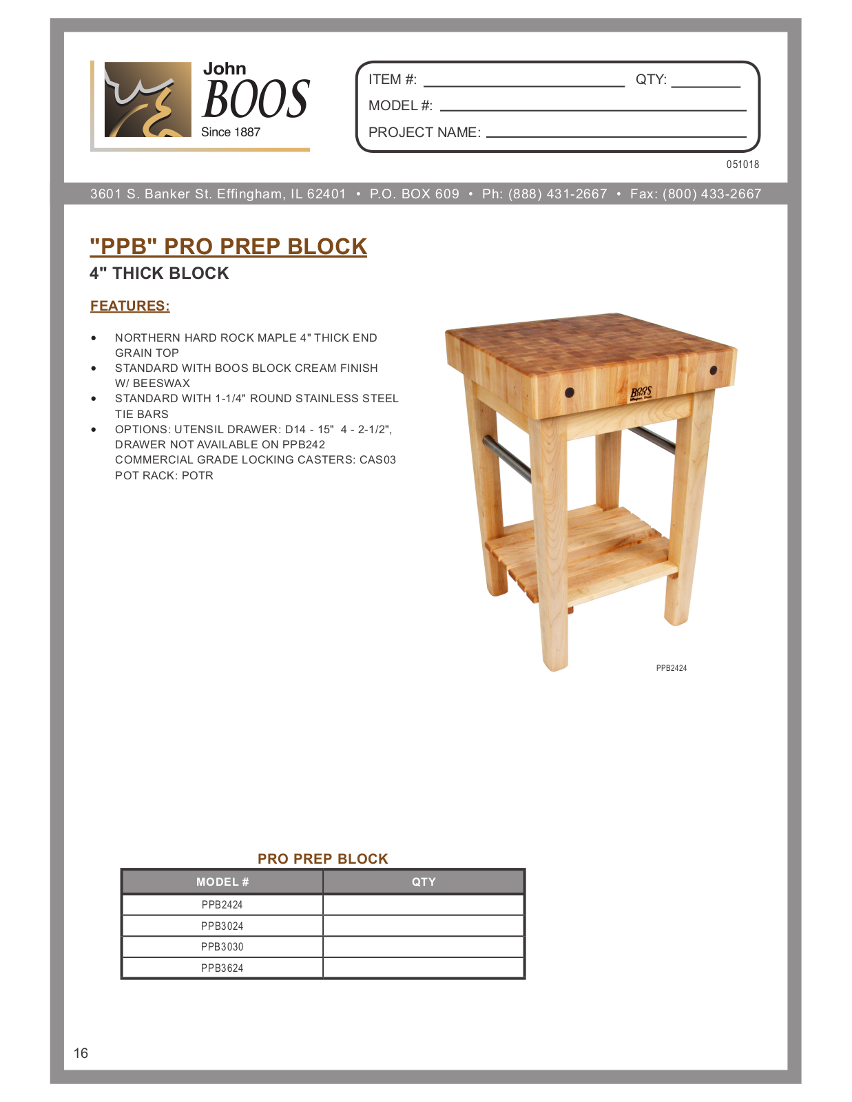 John Boos PPB2424, PPB3024, PPB3030, PPB3624 Specification Sheet - ManualMachine.com