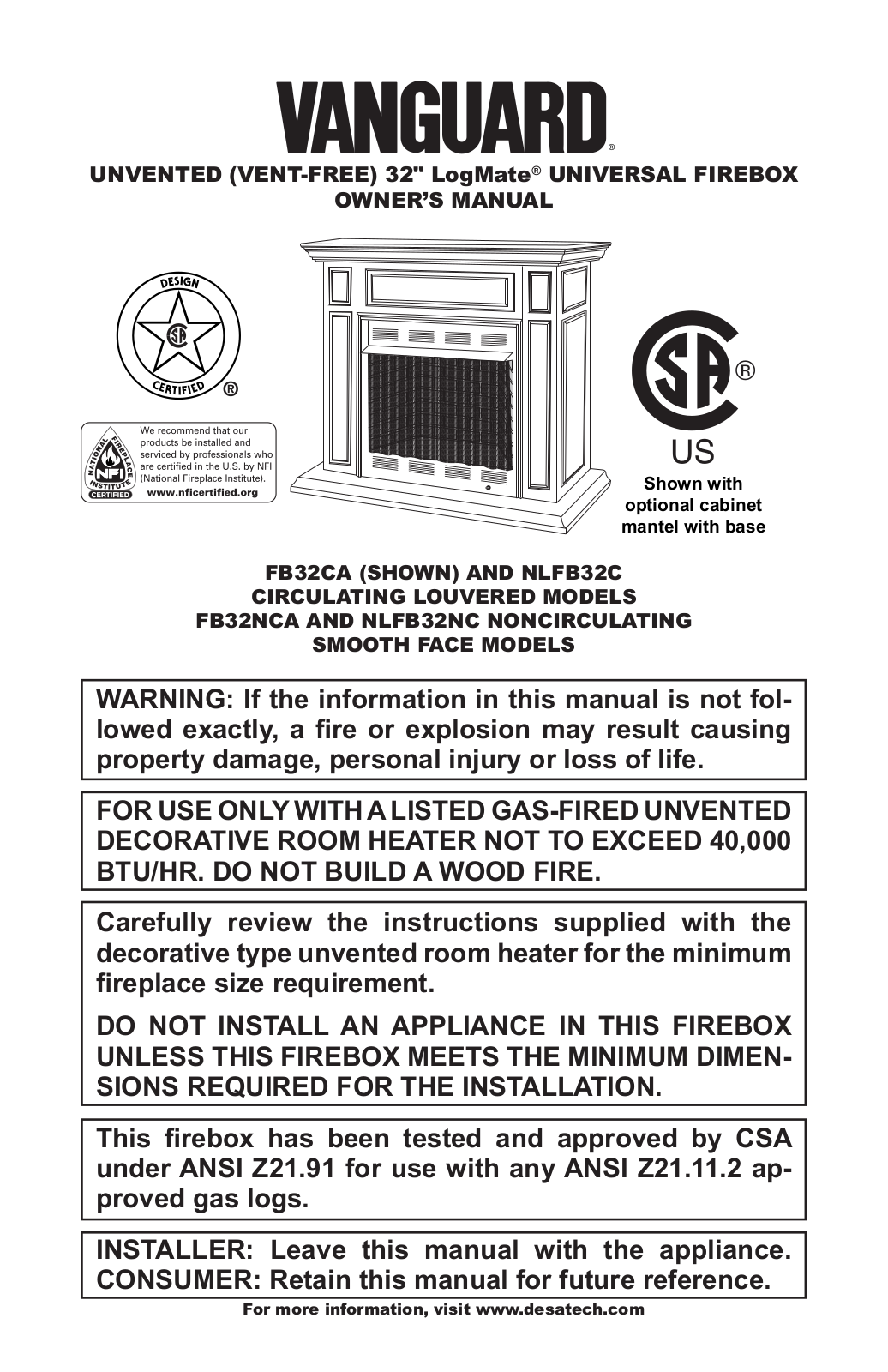 Desa Tech FB32CA, FB32NCA, NLFB32C, NLFB32NC Owner's Manual