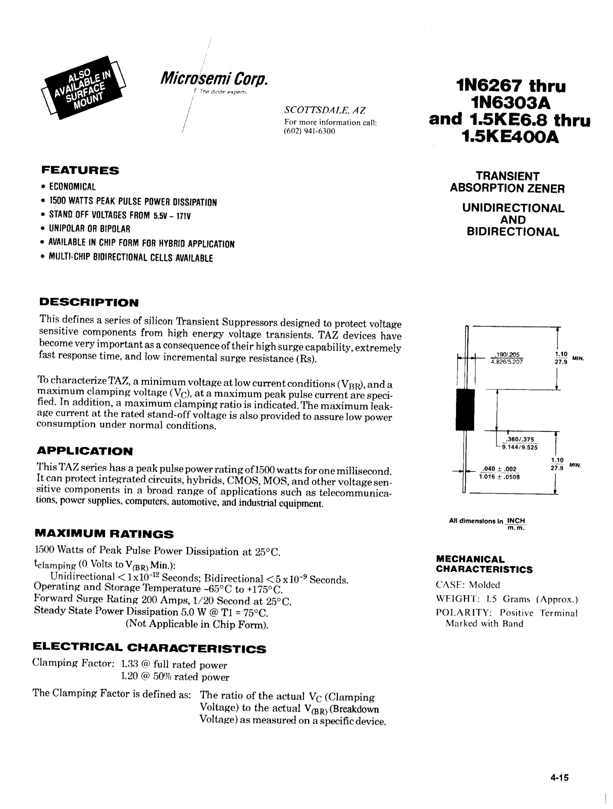 Microsemi Corporation 1N6303A, 1N6303, 1N6301A, 1N6301, 1N6298A Datasheet