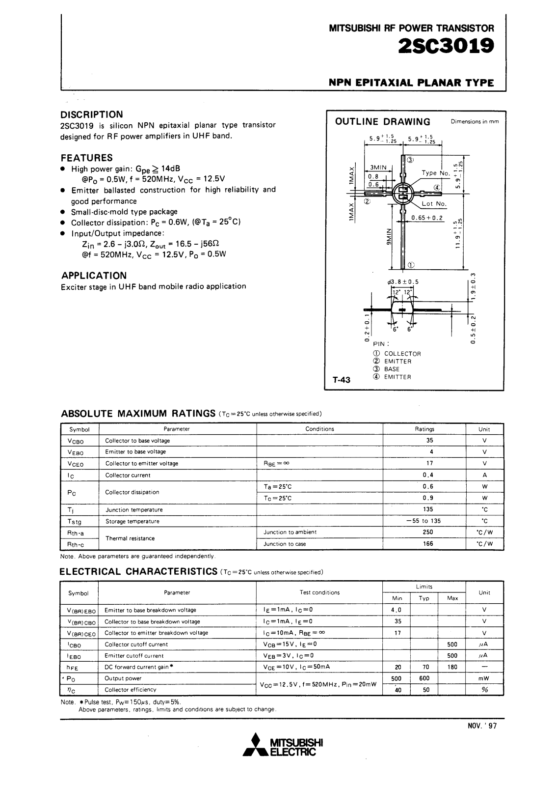 Mitsubishi Electric Corporation Semiconductor Group 2SC3019 Datasheet