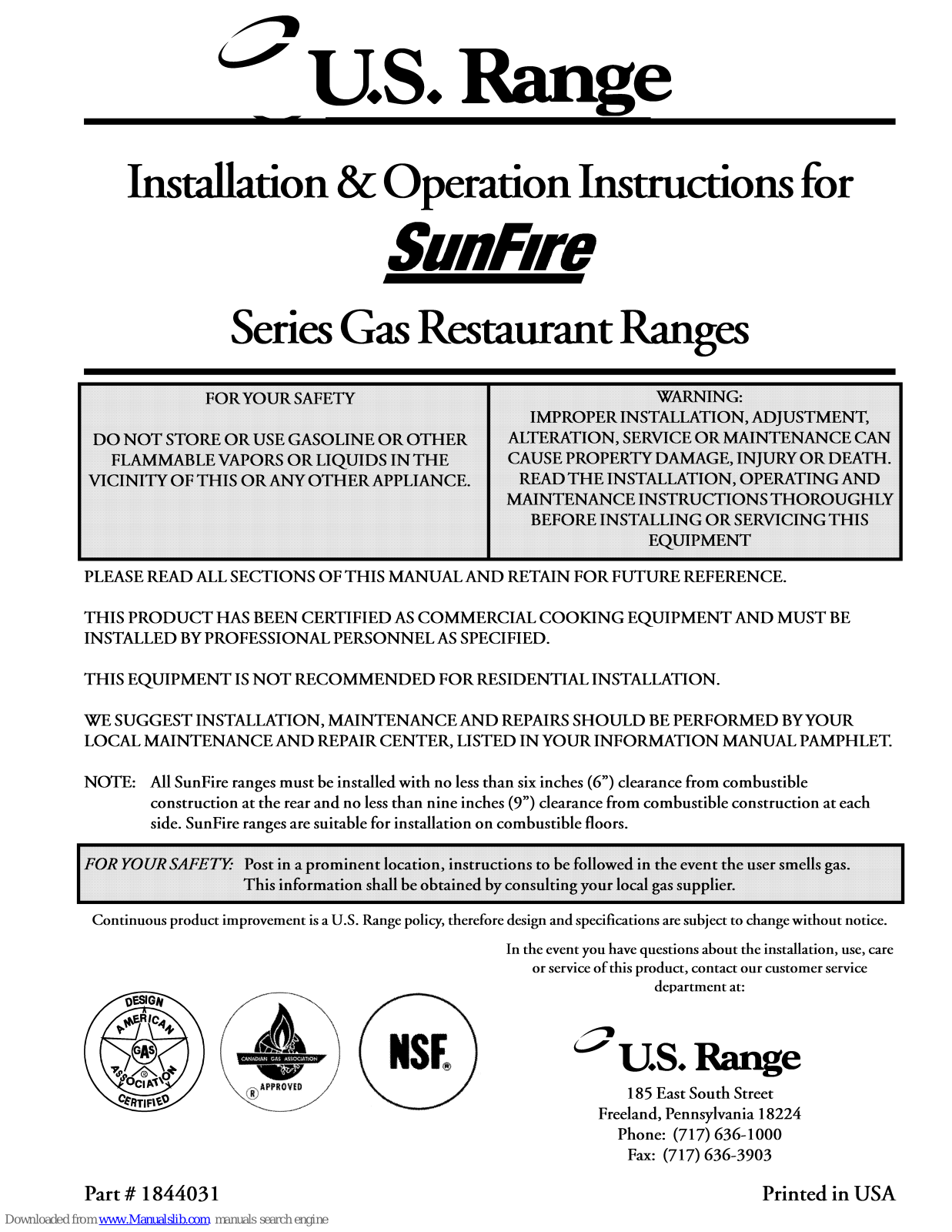 U.S. Range S-4, S-6-26, S-4-20, S-6, S-6-26CP Installation & Operation Manual