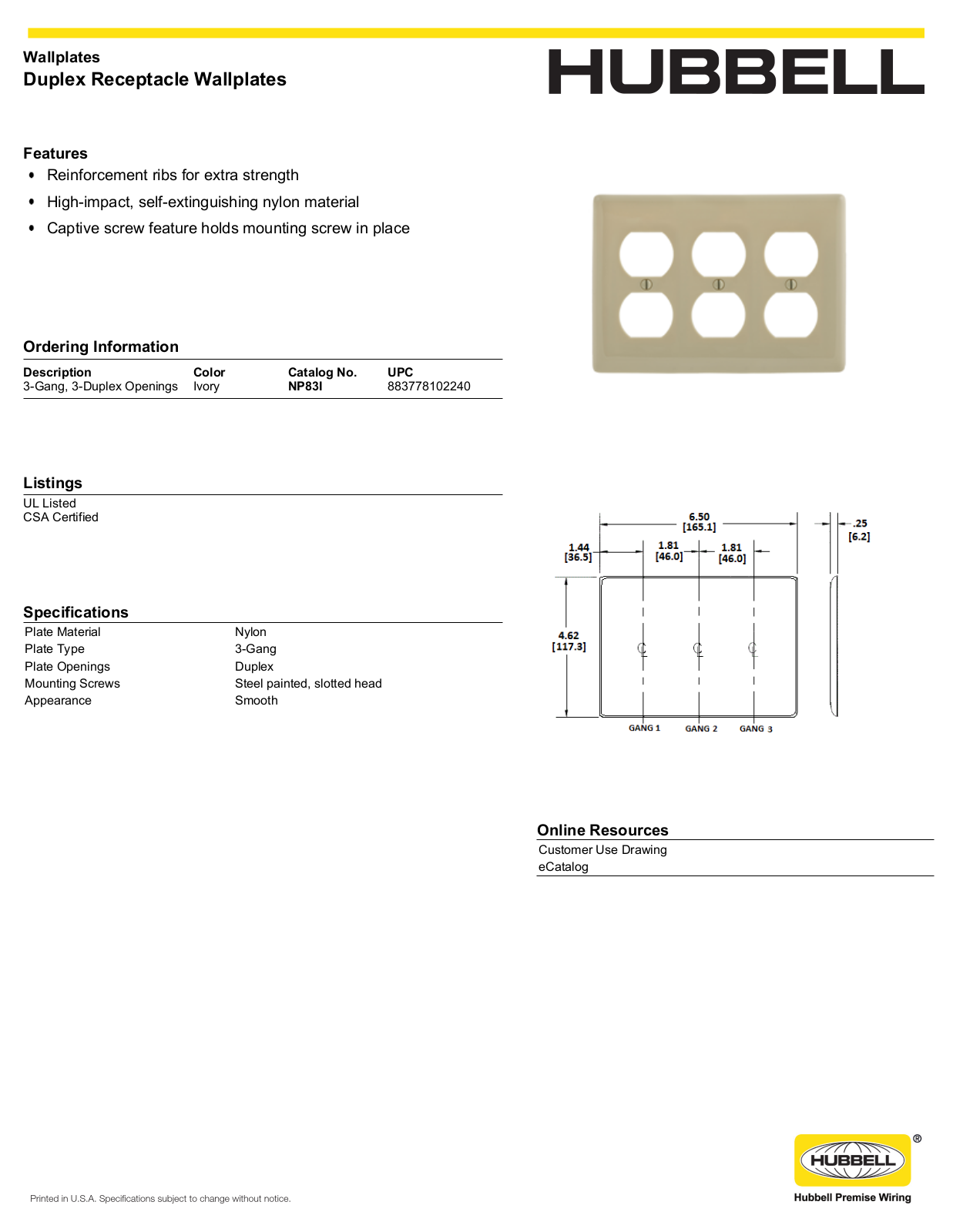 Hubbell NP83I Specifications