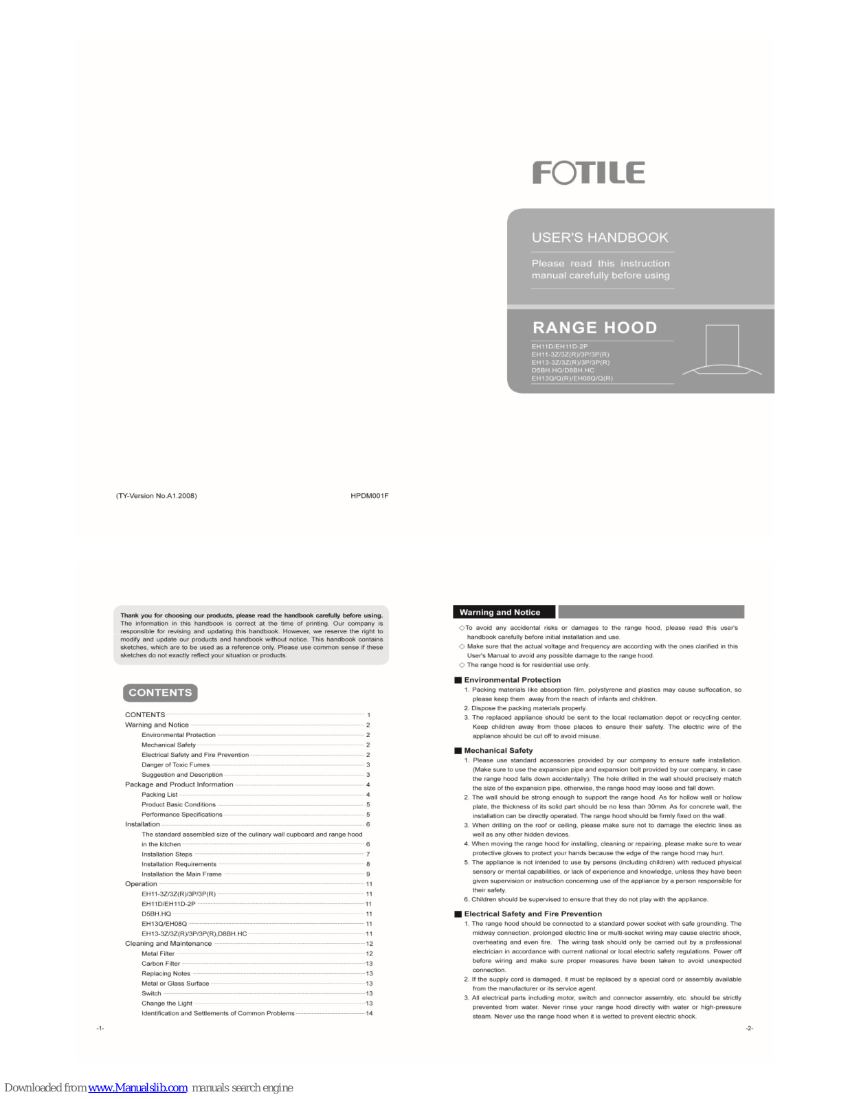 FOTILE EH11D, EH11-3Z, EH11-3ZR, EH11-3P, EH11D-2P User Handbook Manual