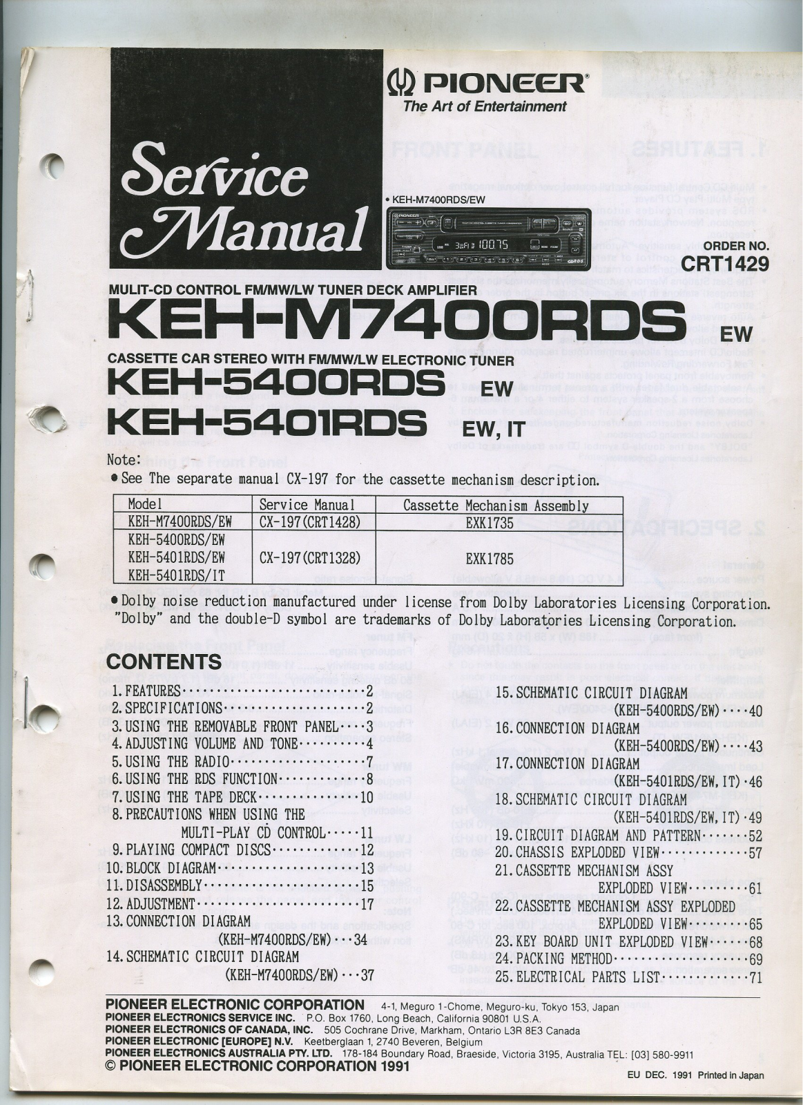 Pioneer KEH-5400-RDS, KEH-5401-RDS, KEHM-7400-RDS Service manual