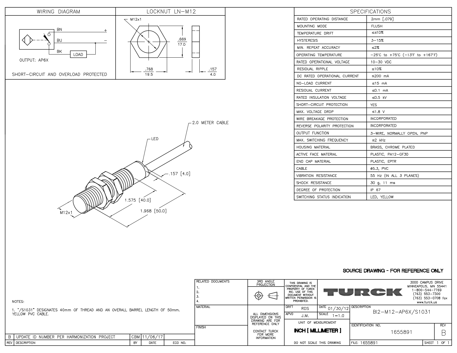 Turck BI2-M12-AP6X/S1031 Data Sheet