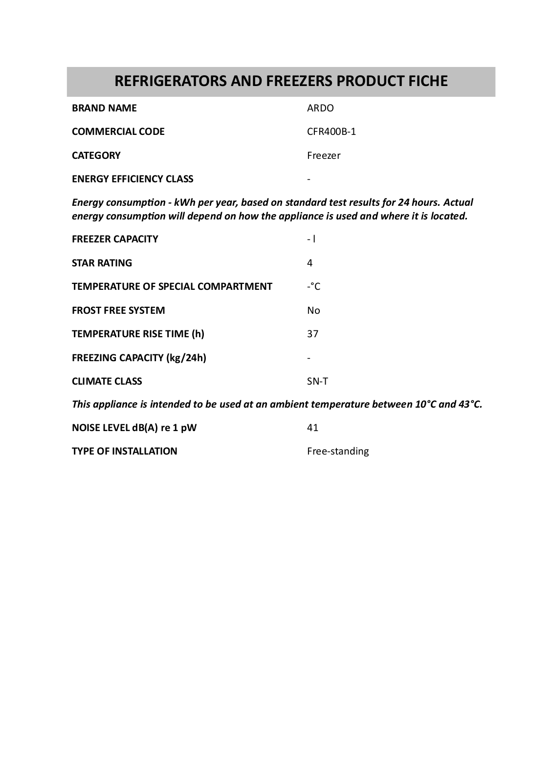 Whirlpool CFR400B-1 Product Sheet