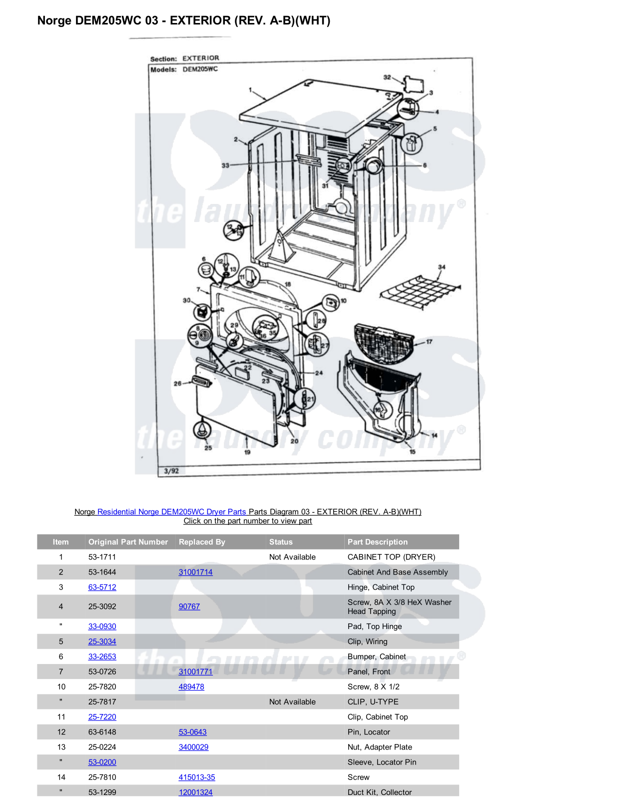 Norge DEM205WC Parts Diagram