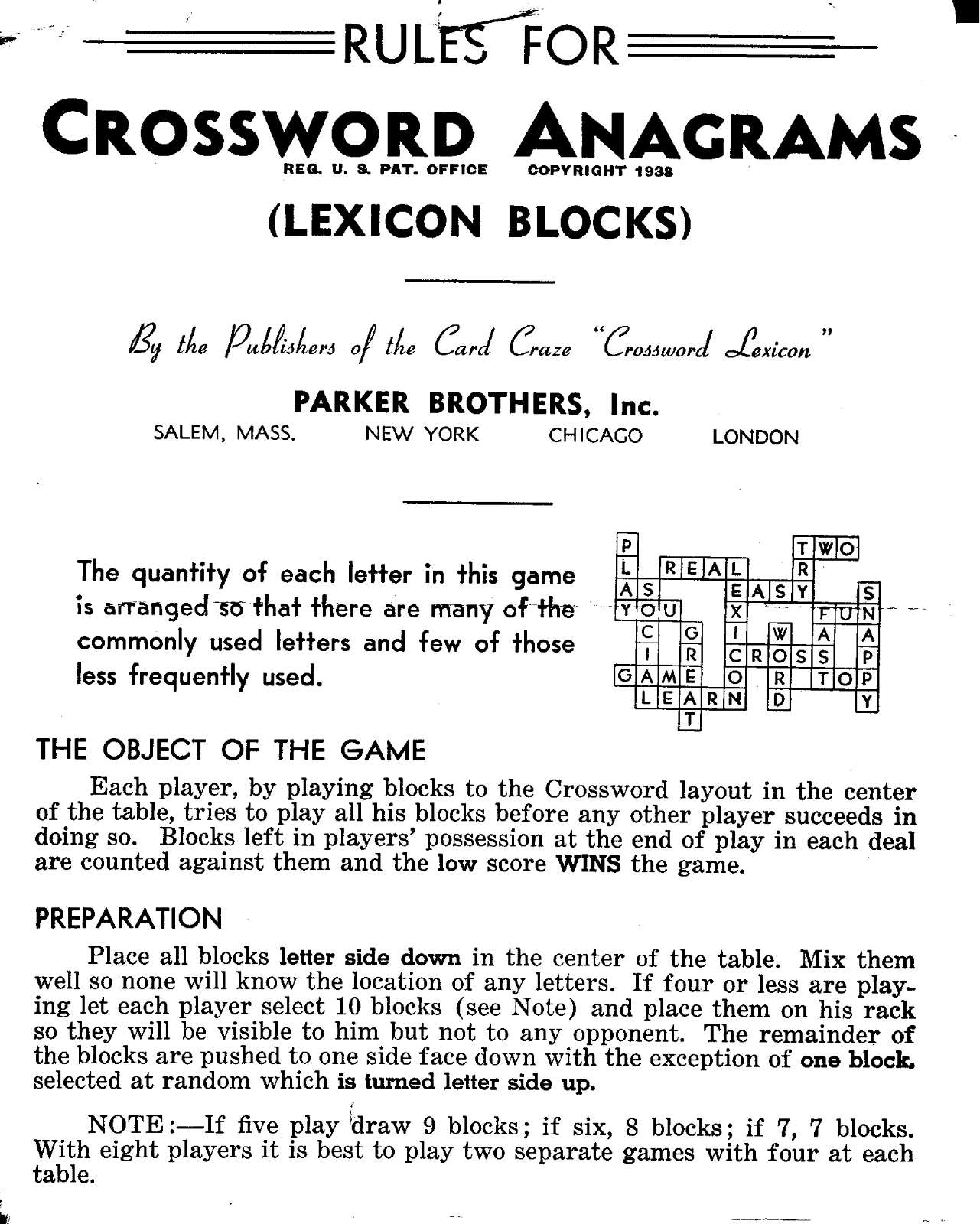 Hasbro CROSSWORD ANAGRAMS User Manual