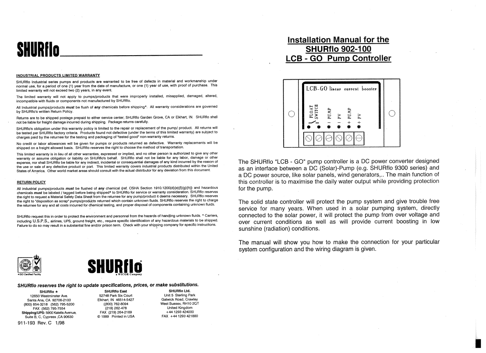 Shurflo 902-100 Installation  Manual