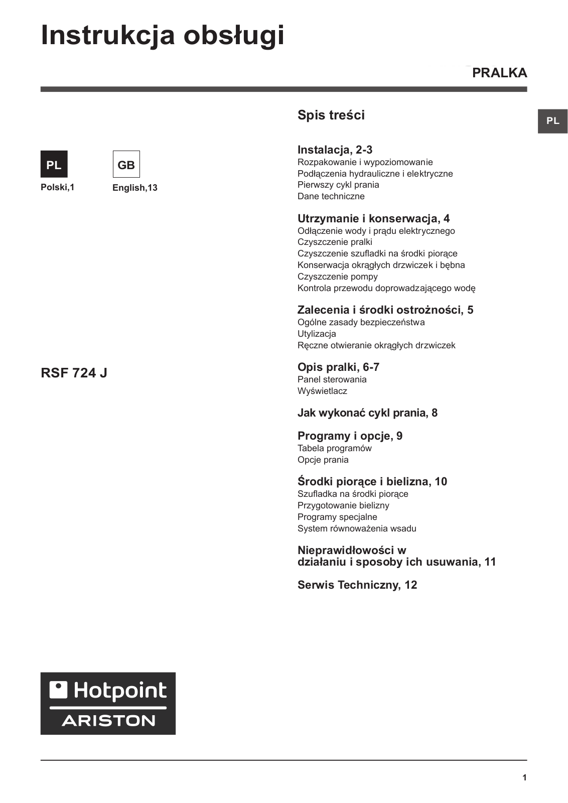 Hotpoint RSF 724 J PL Operating Instructions