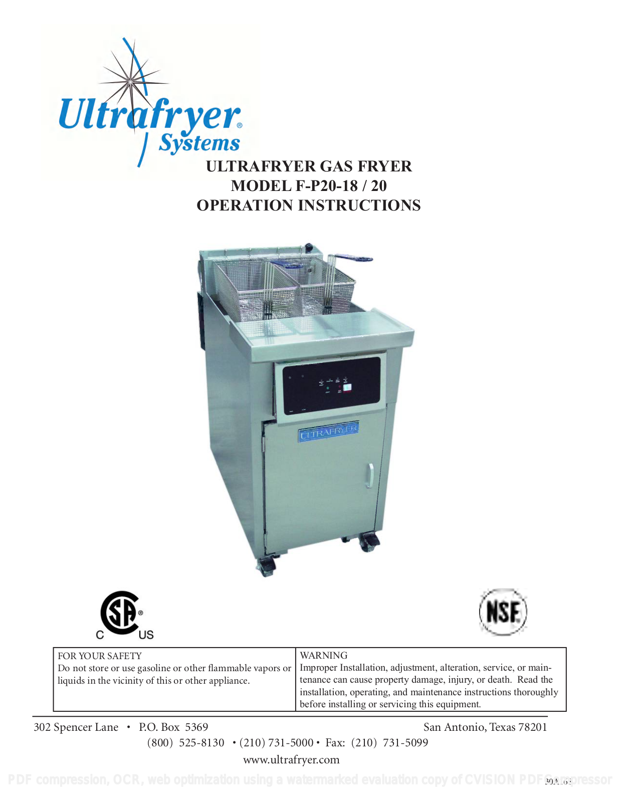 Ultrafryer Systems F-P20-20 Installation  Manual