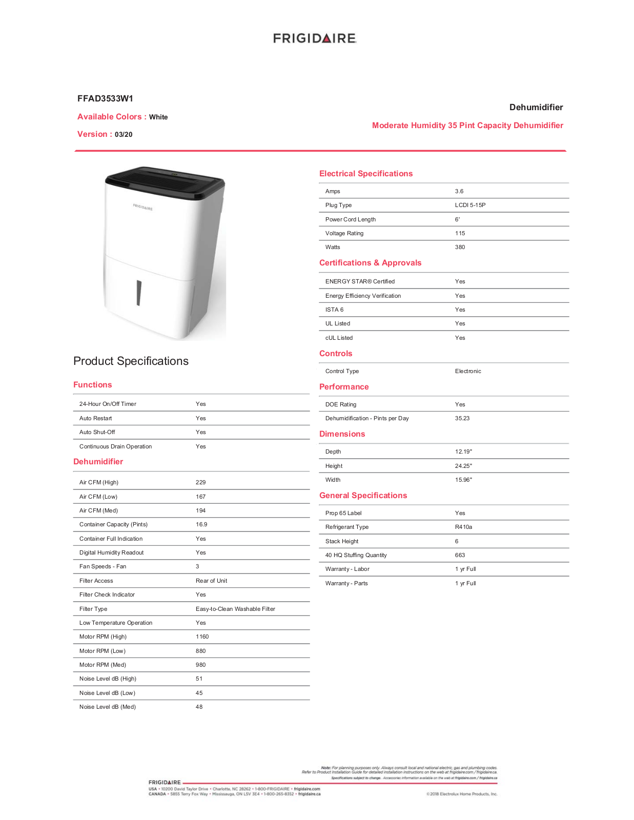 Frigidaire FFAD3533W1 Specifications