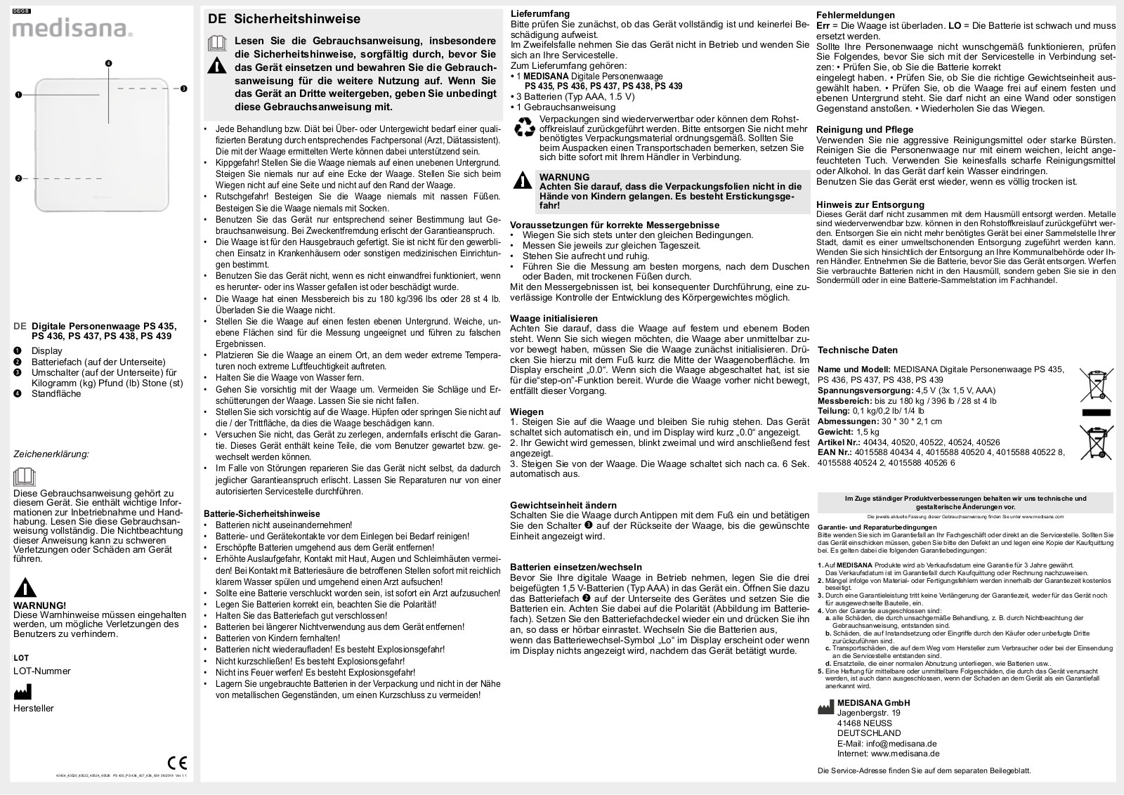 Medisana PS 435, PS 436, PS 437, PS 438, PS 439 User guide