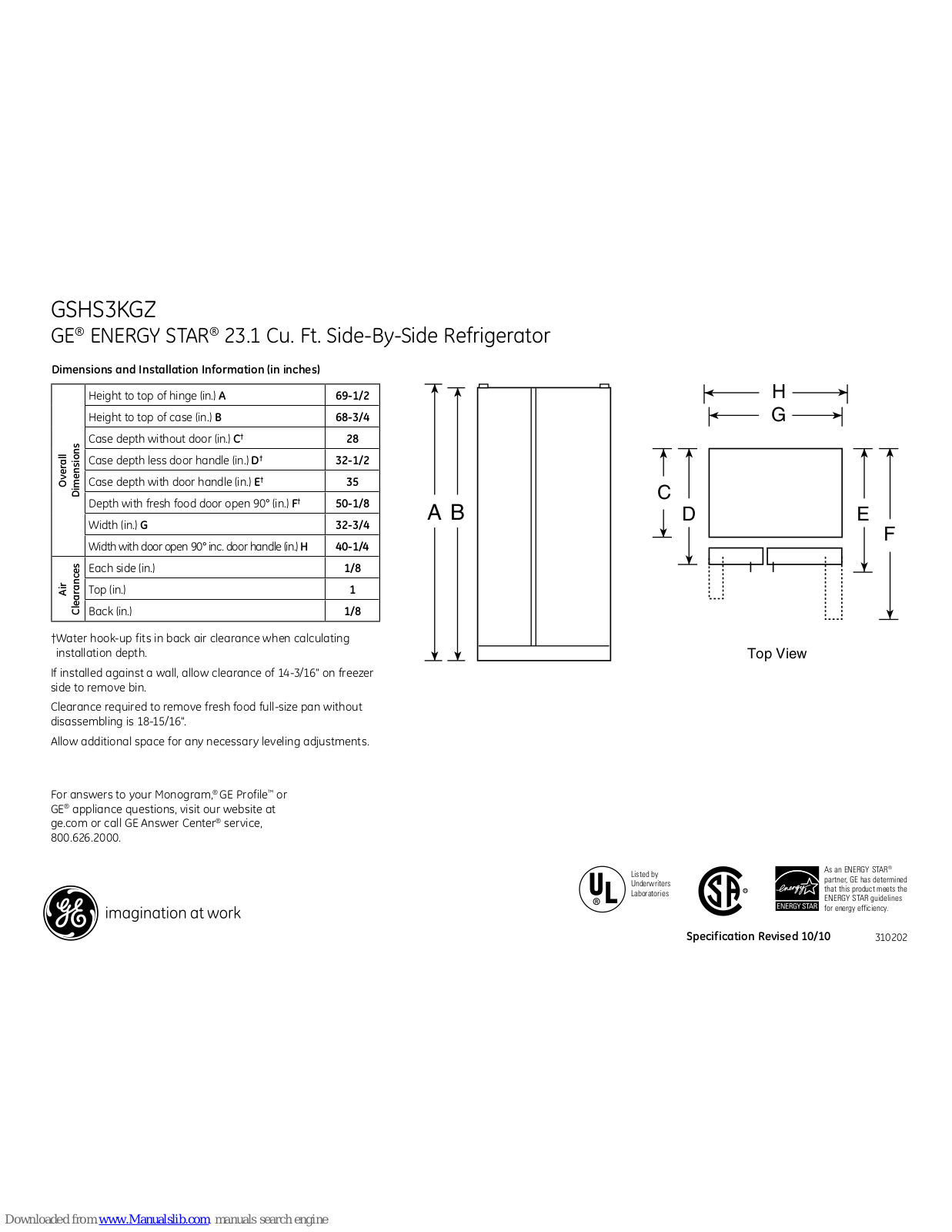 GE ENERGY STAR GSHS3KGZ, GSHS3KGZSS Dimensions And Installation Information