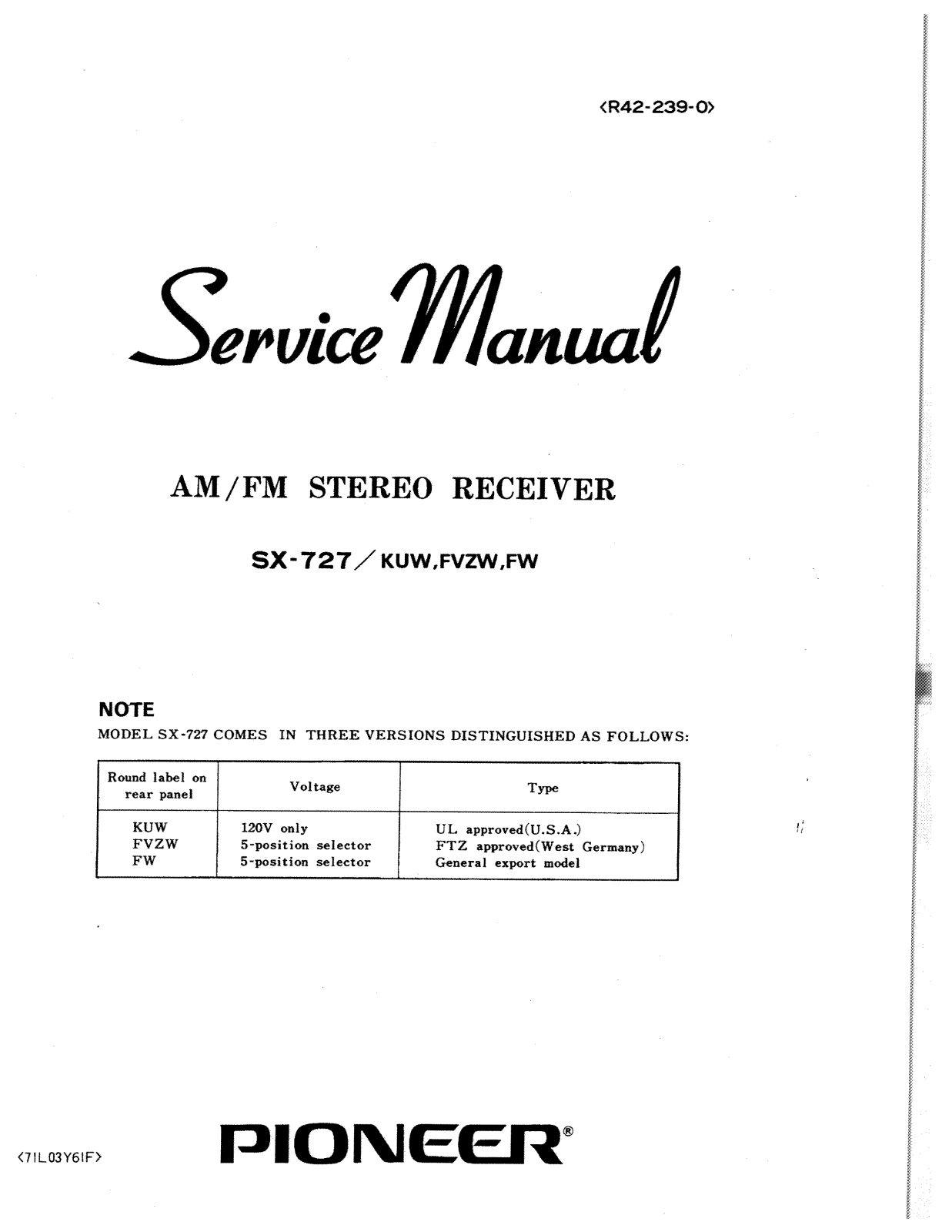 Pioneer SX-727-KUW, FVZW, FW User Manual