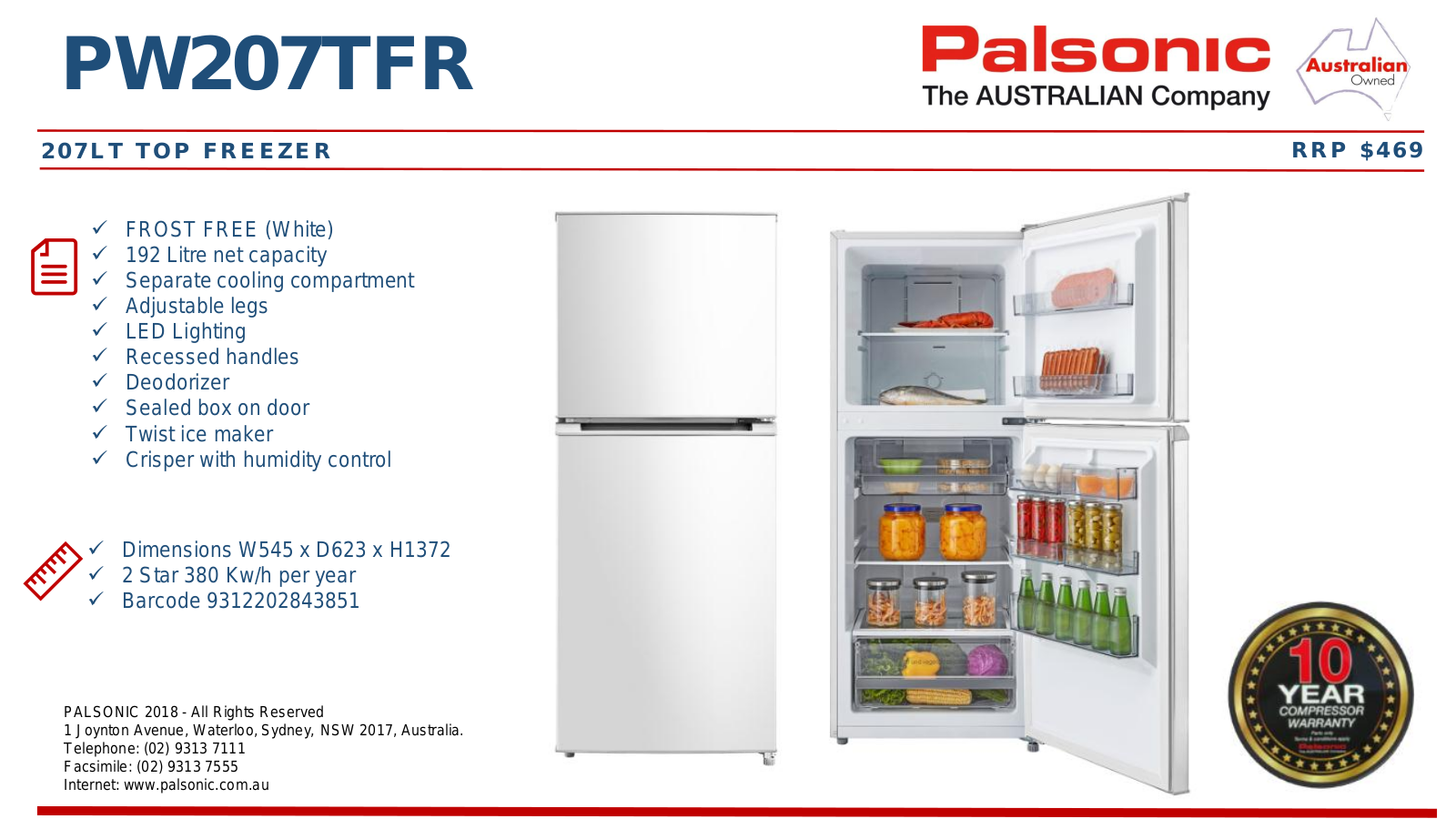 Palsonic PW207TFR Specifications Sheet