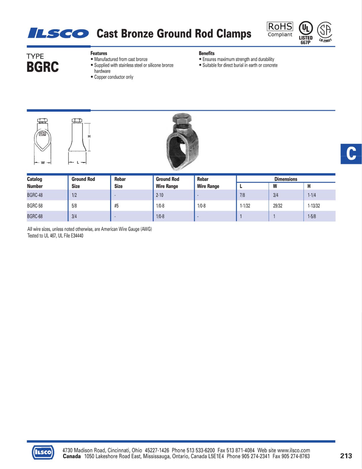 Ilsco Cast Bronze Ground Rod Clamps Catalog Page