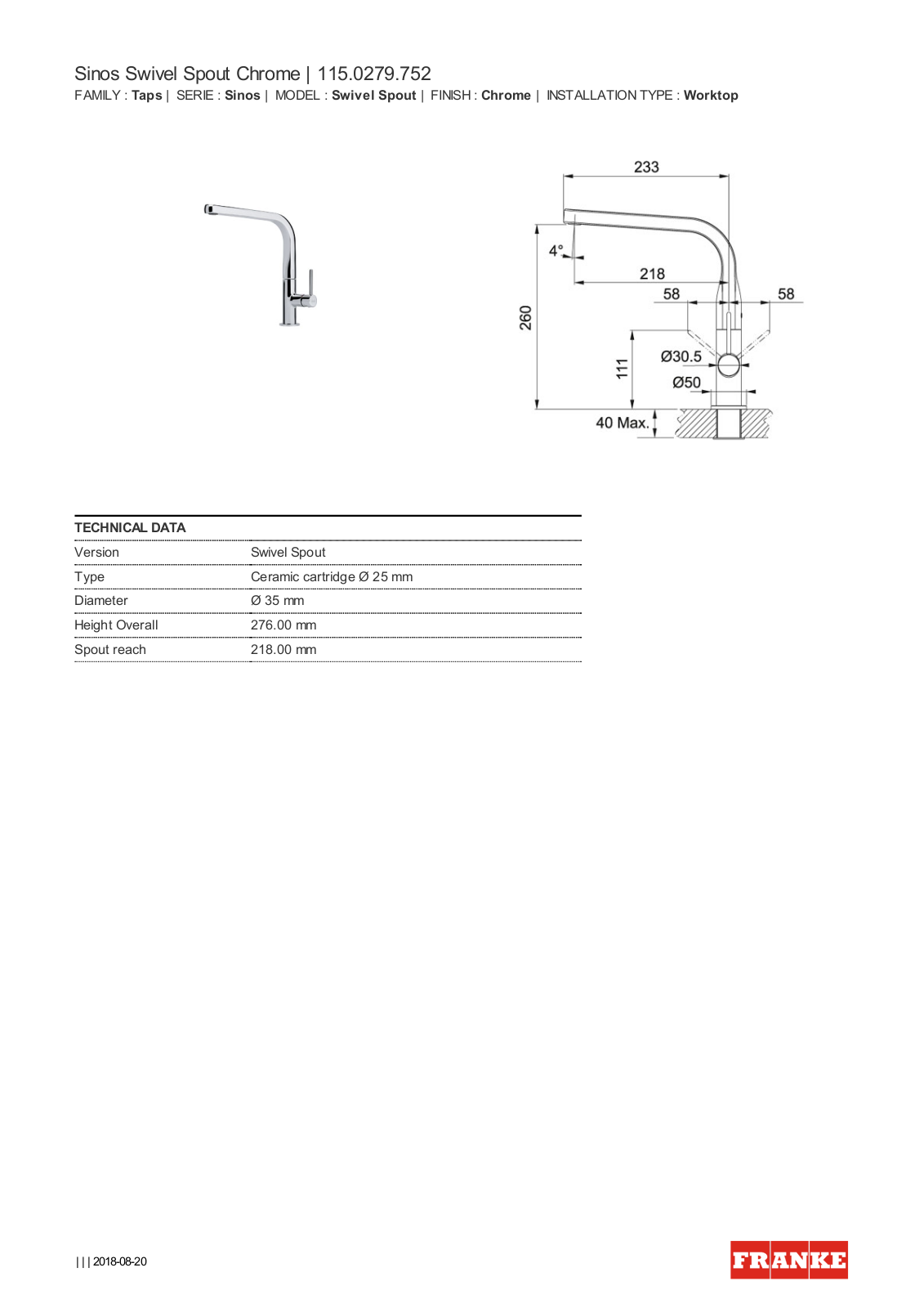 Franke TA6300, BFG621ONTA6300B Specifications Sheet