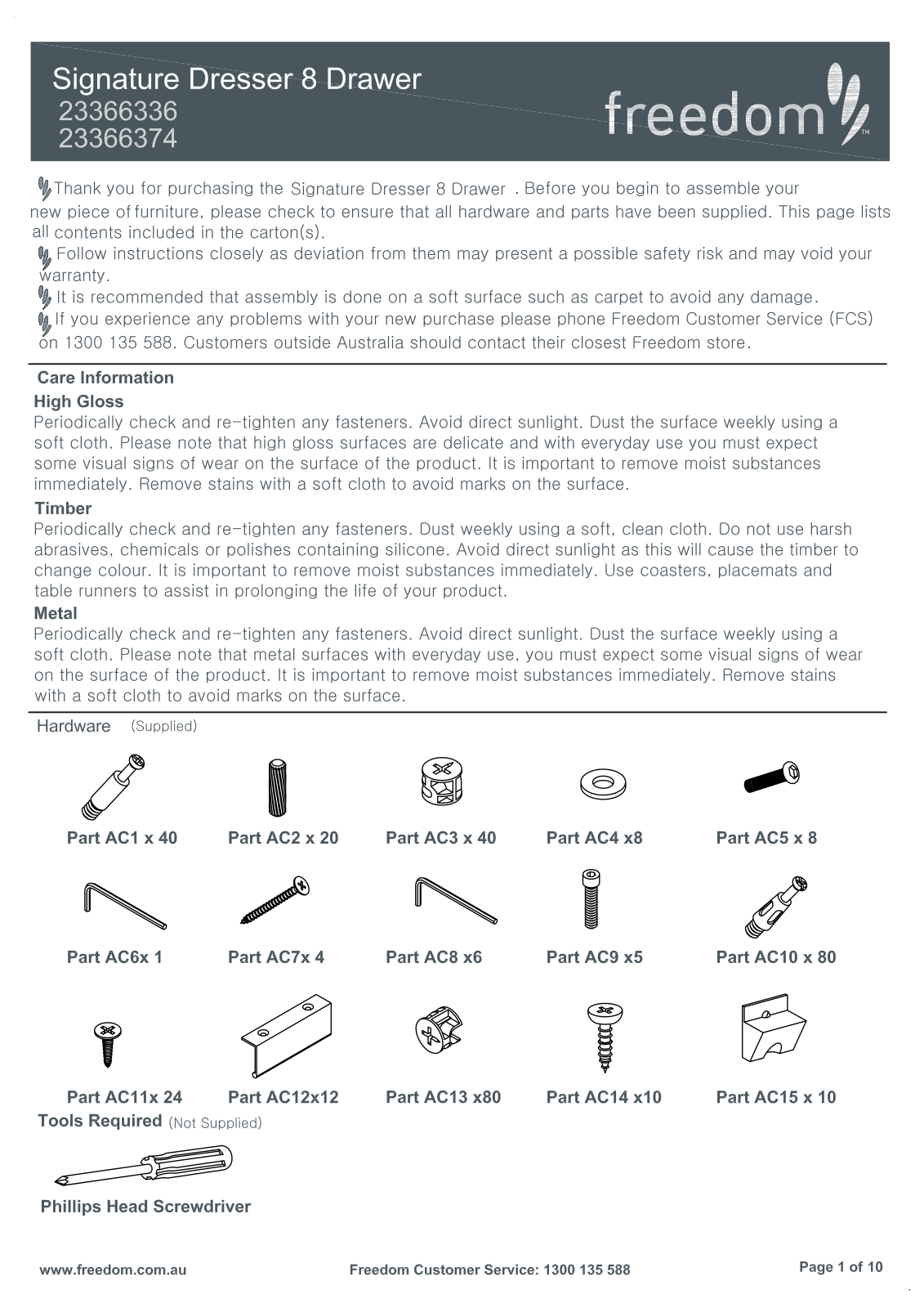 Freedom Signature Dresser 8 Drawer Assembly Instruction