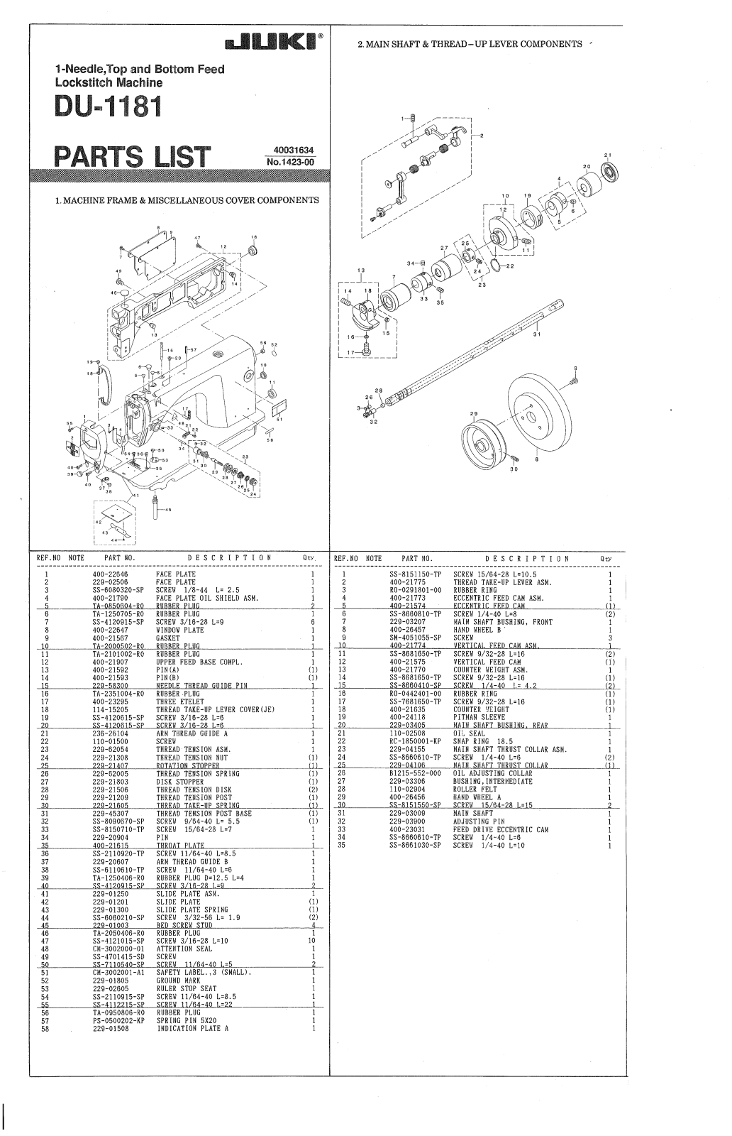 JUKI DU-1181 Parts List