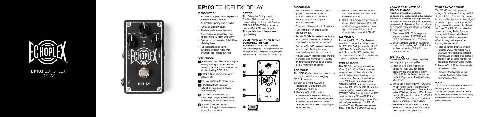 Dunlop EP103 Echoplex Delay Data Sheet