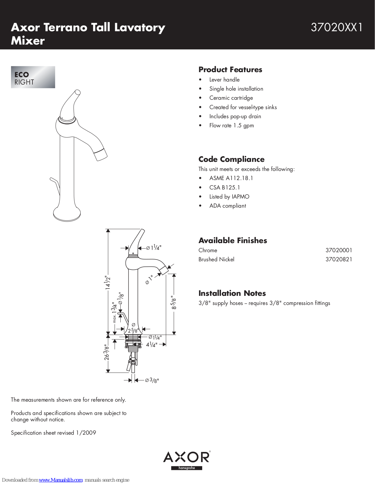 Axor 37020001, 37020821 Specification Sheet