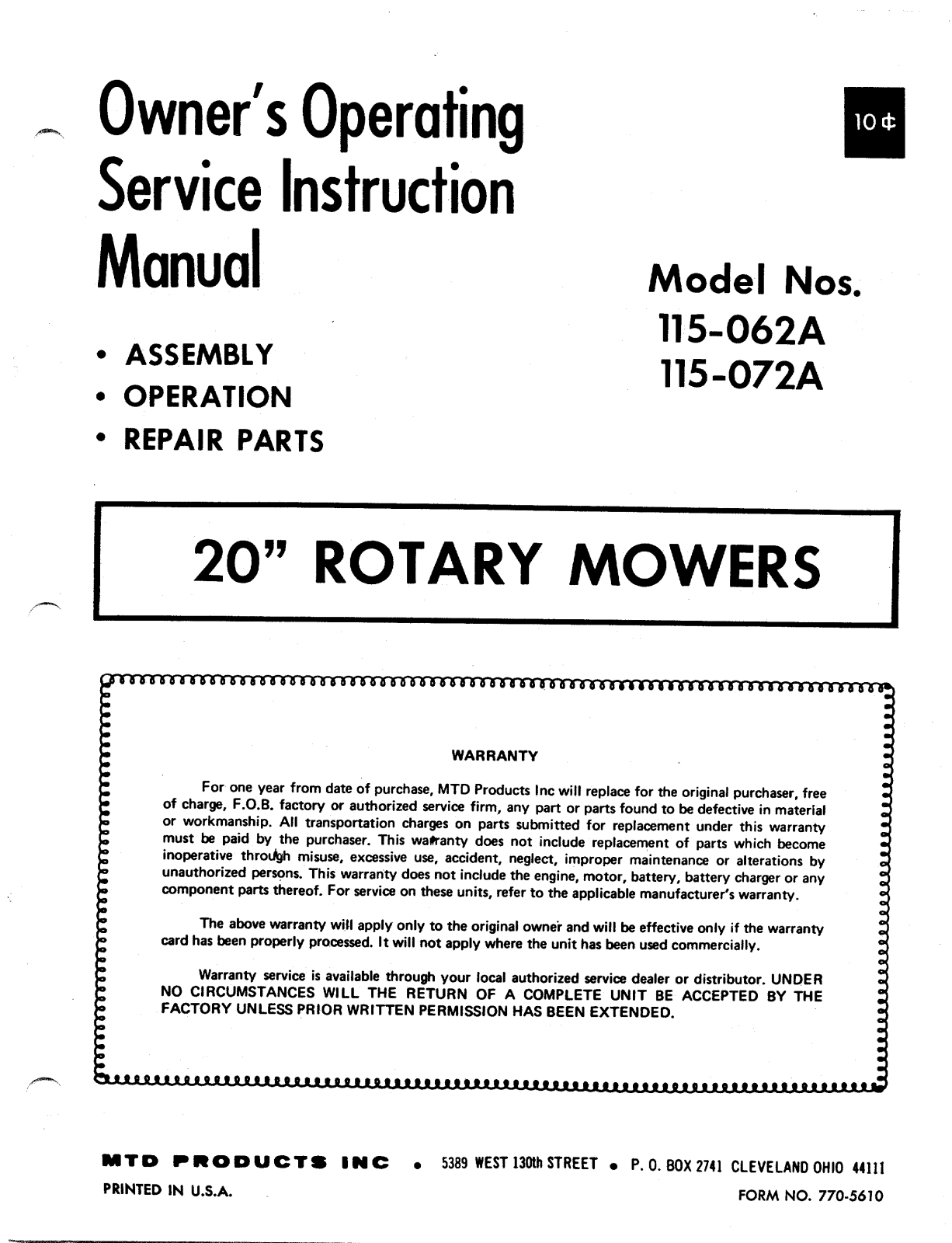 MTD 115-062A, 115-072A User Manual